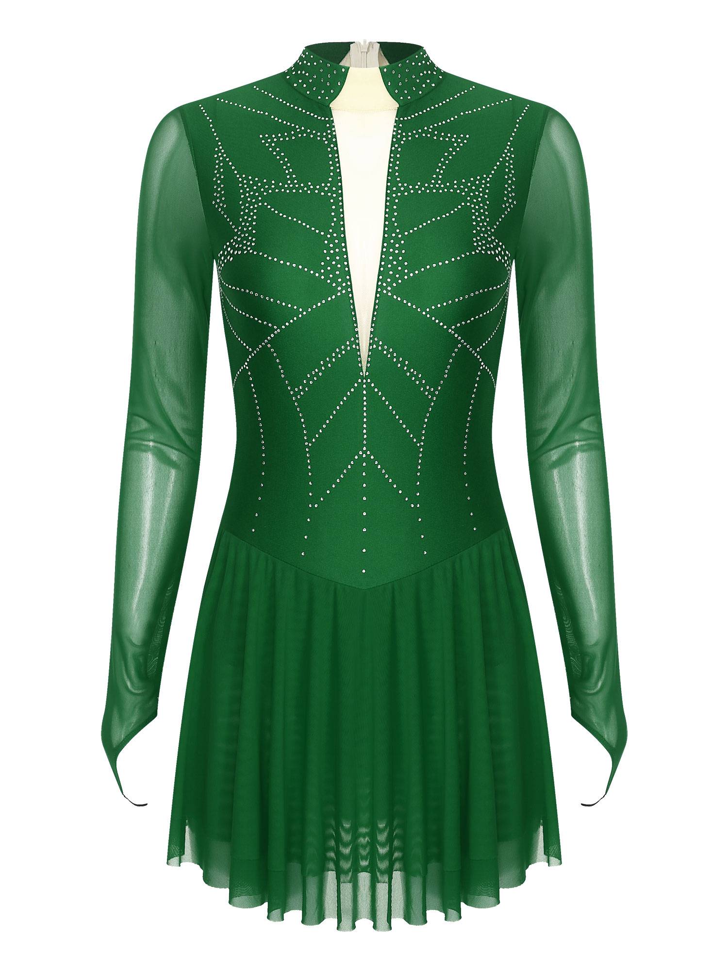 Women Shiny Rhinestones Long Sleeve Figure Skating Dress