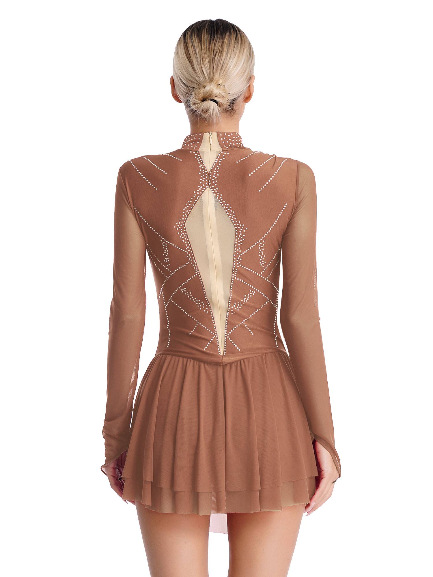 Women Shiny Rhinestones Long Sleeve Figure Skating Dress