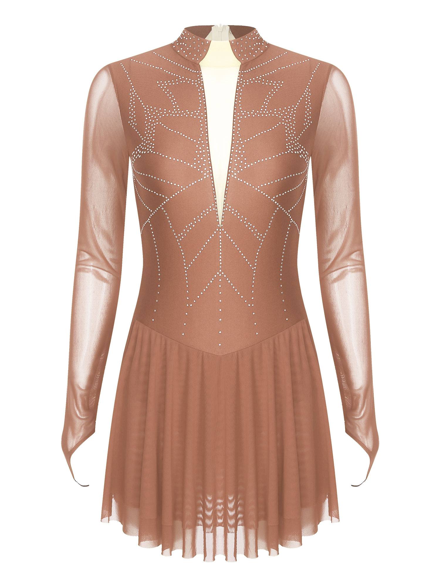 Women Shiny Rhinestones Long Sleeve Figure Skating Dress