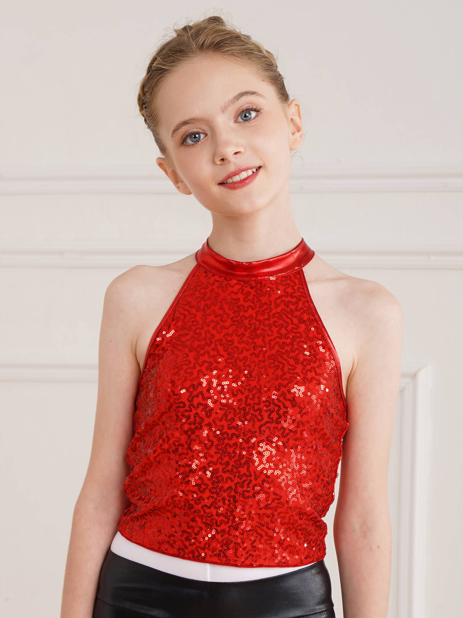 Kids Girls Sequin Sleeveless Jazz Dance Crop Top