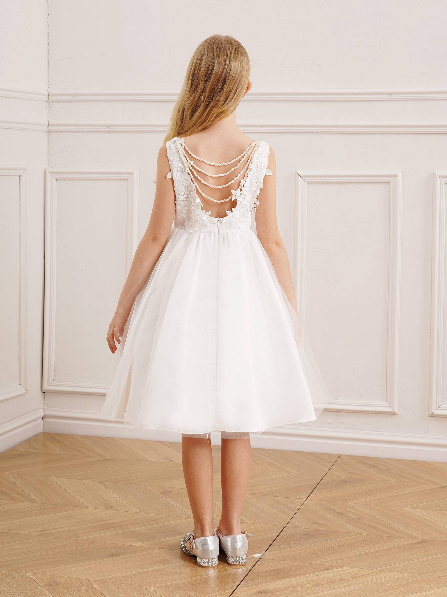 Kids Girls Embroidery Ball Gown Sleeveless Backless Flower Girl Dress