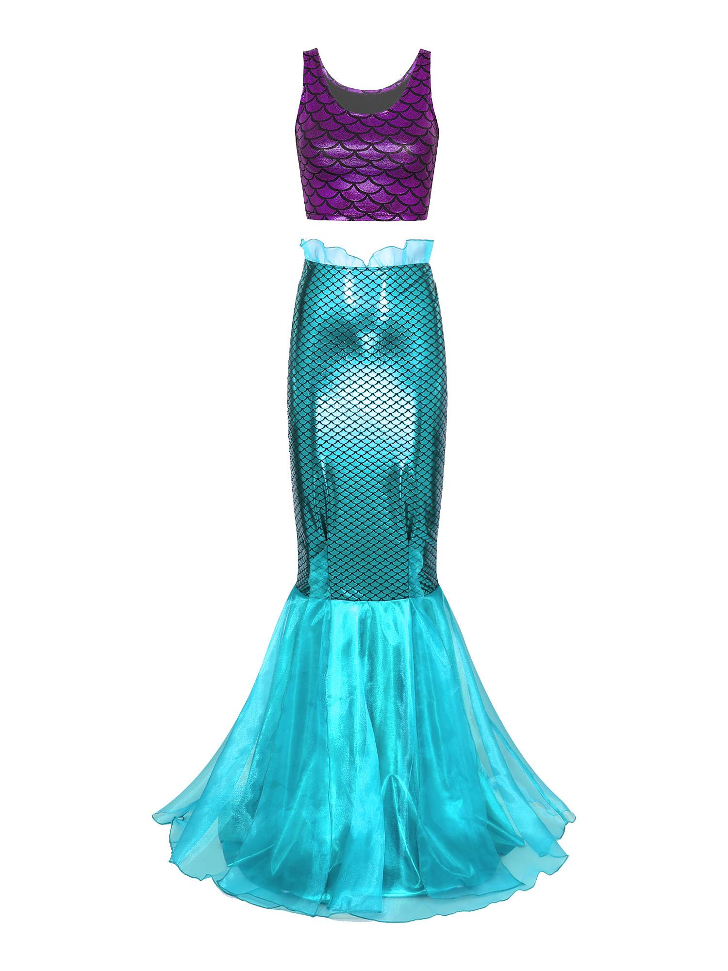 Women 2pcs Metallic Scoop Neck Tank Tops with Tulle Fishtail Skirt Mermaid Set