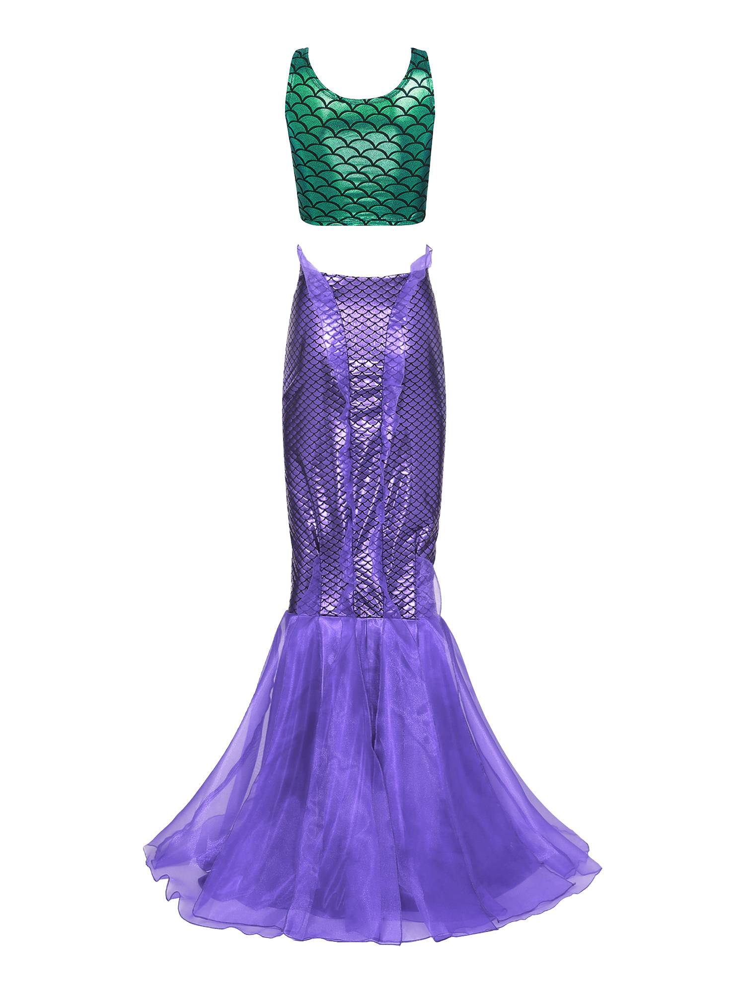 Women 2pcs Metallic Scoop Neck Tank Tops with Tulle Fishtail Skirt Mermaid Set