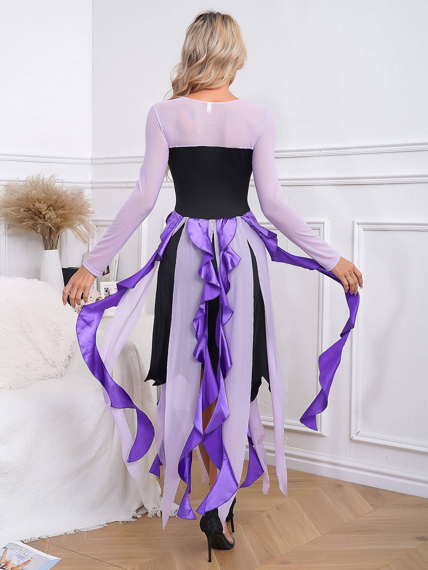 Women Halloween Witch Costume Mesh Long Sleeve Asymmetrical Dress