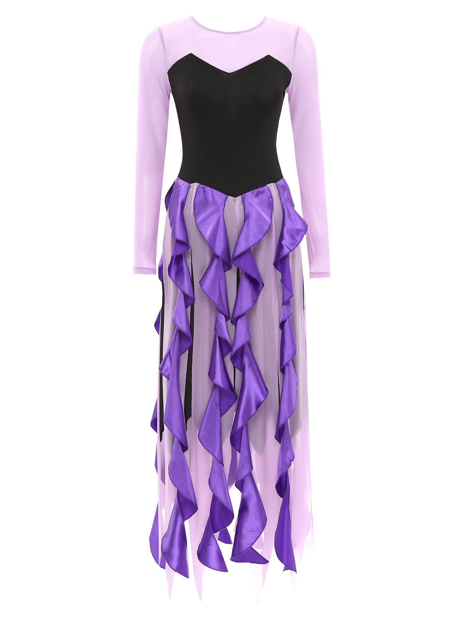 Women Halloween Witch Costume Mesh Long Sleeve Asymmetrical Dress