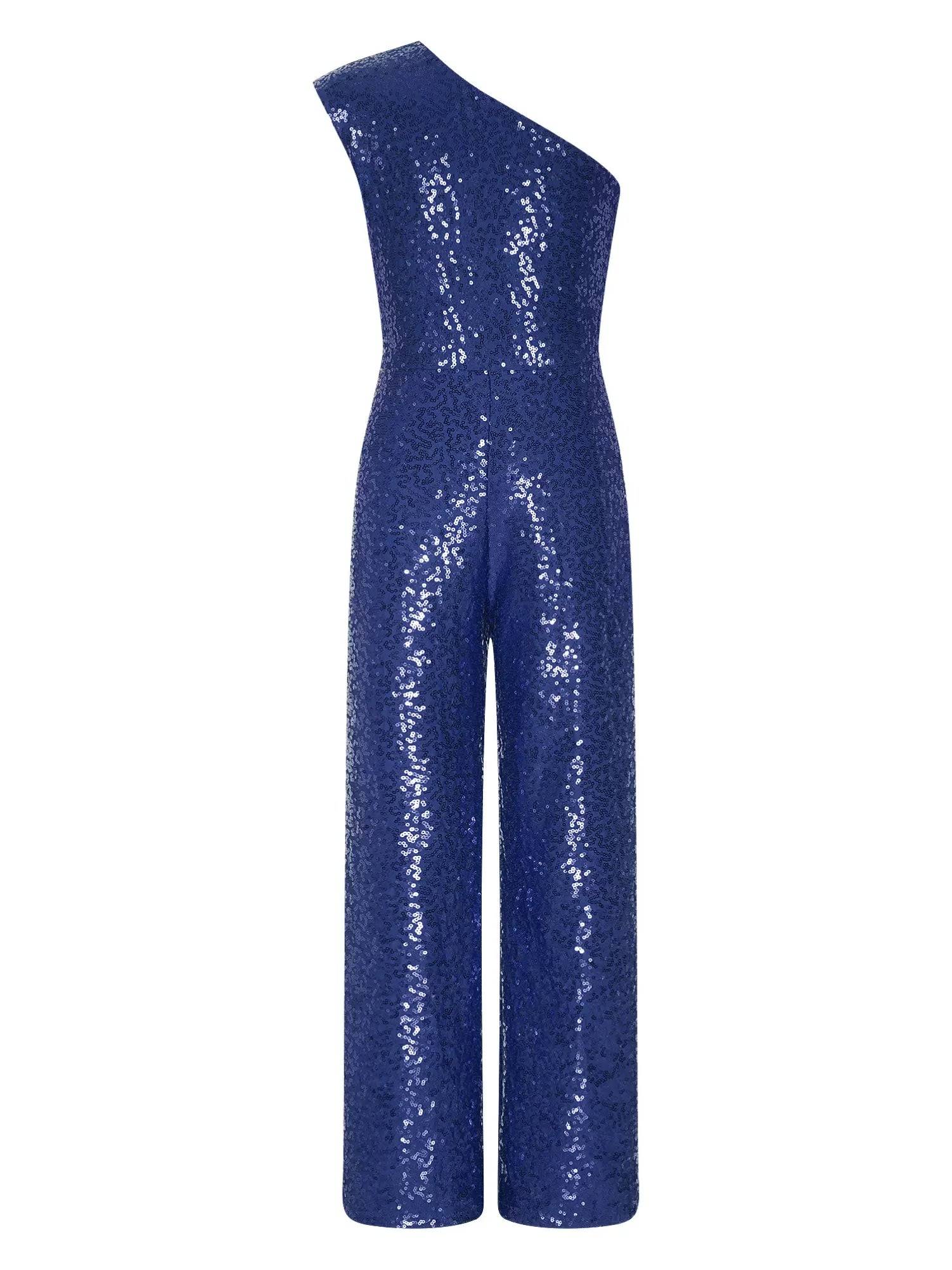 Kids Girls Sequin One Shoulder Bodysuit Sleeveless Jumpsuit