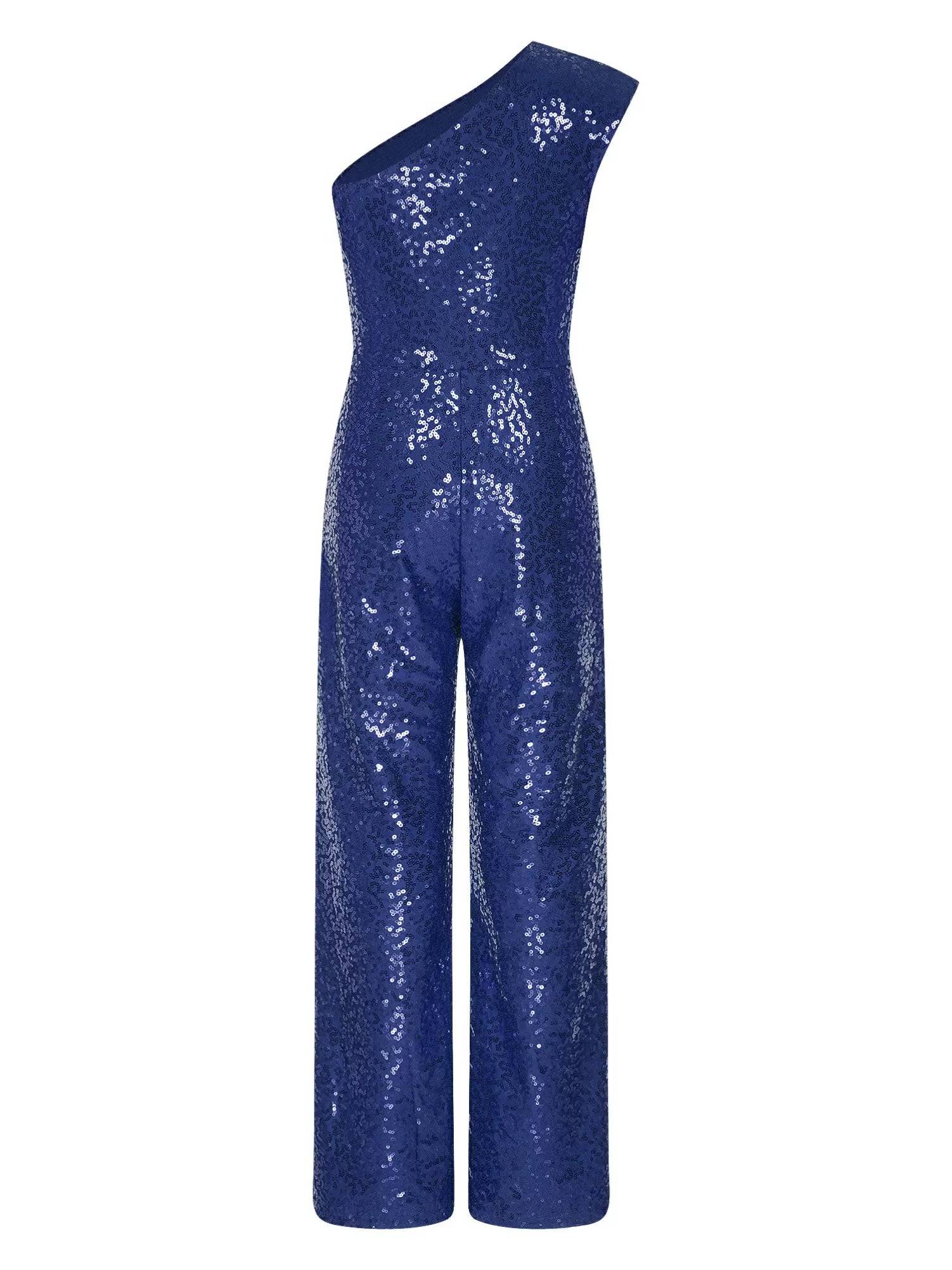 Kids Girls Sequin One Shoulder Bodysuit Sleeveless Jumpsuit