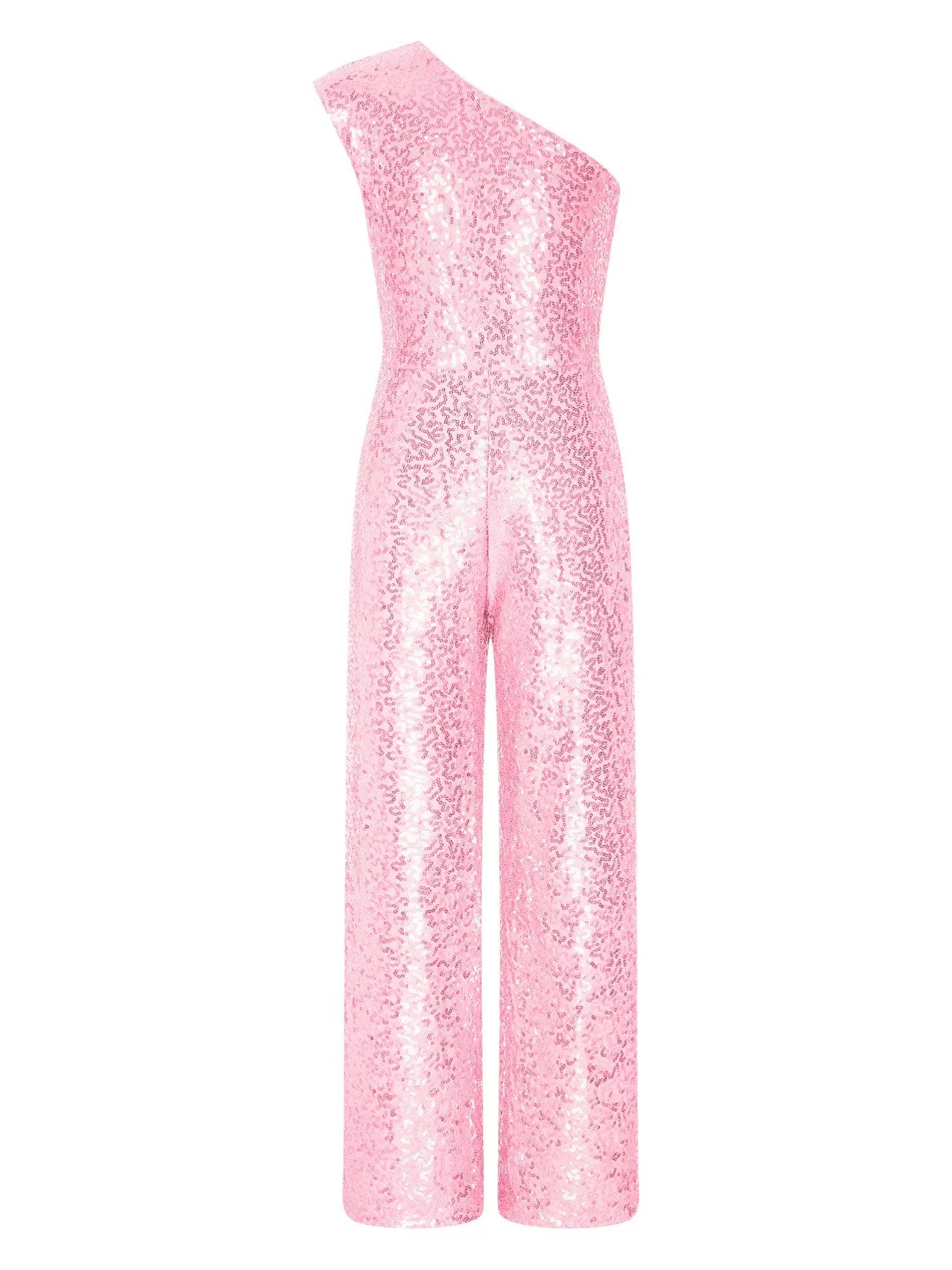 Kids Girls Sequin One Shoulder Bodysuit Sleeveless Jumpsuit