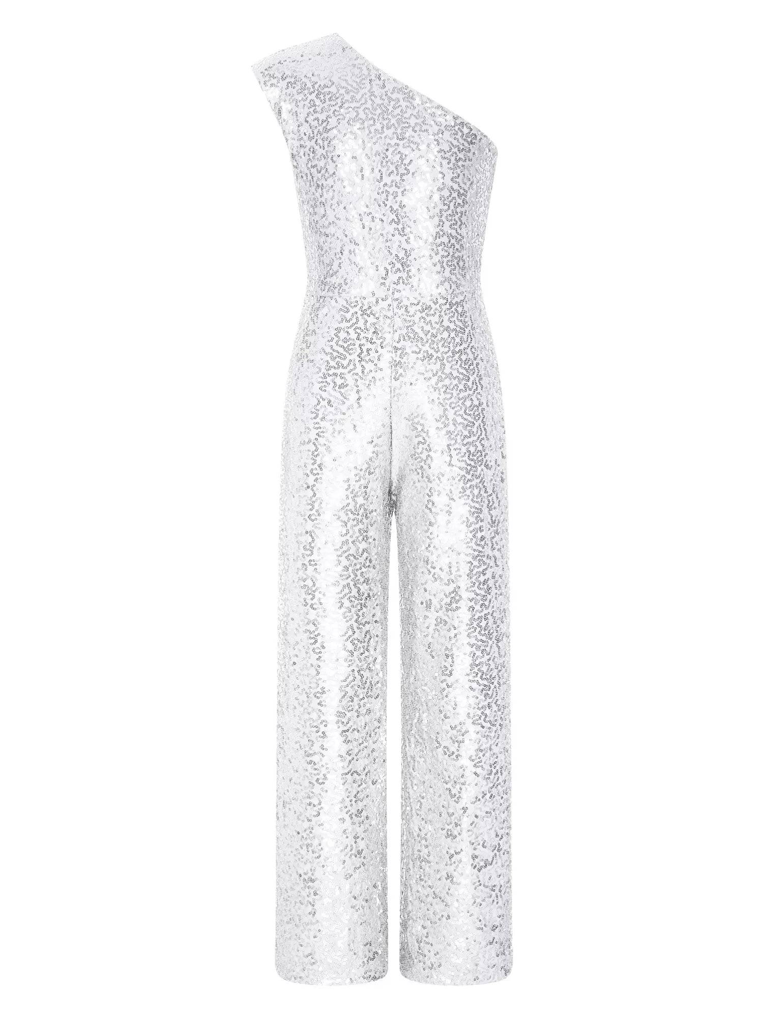 Kids Girls Sequin One Shoulder Bodysuit Sleeveless Jumpsuit