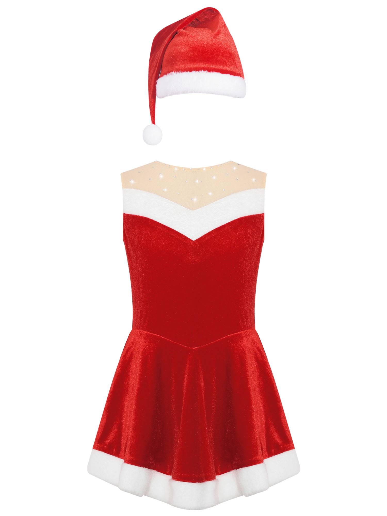 Kids Girls Christmas Sleeeveless Velvet Leotard Dress with Hat