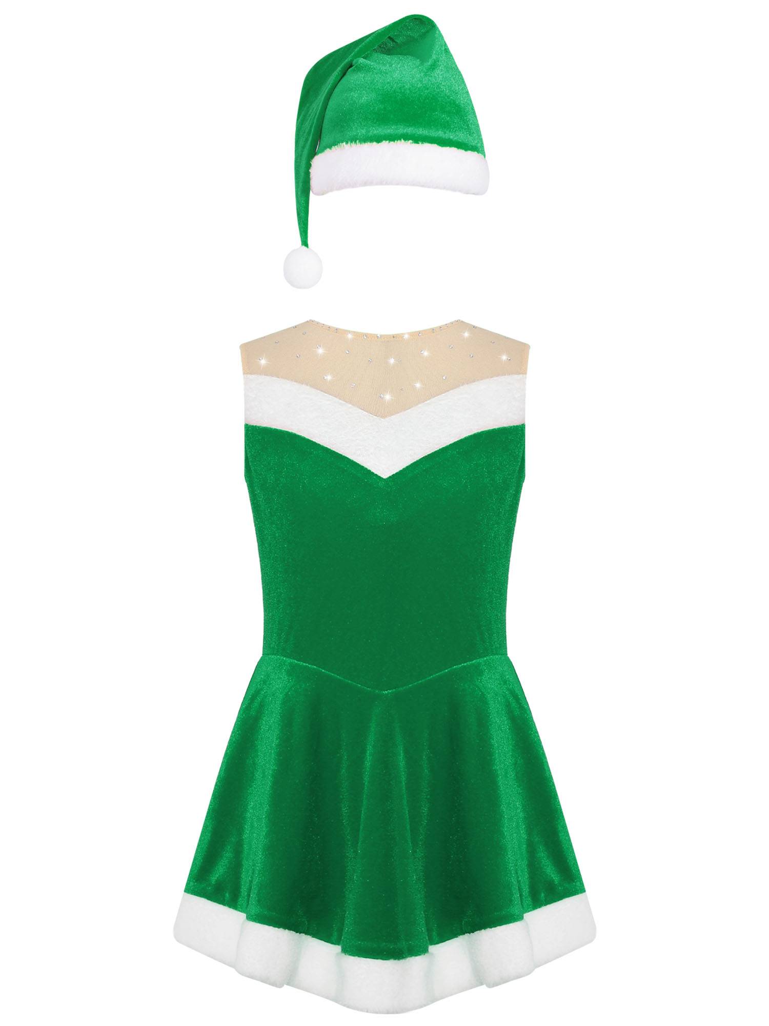 Kids Girls Christmas Sleeeveless Velvet Leotard Dress with Hat