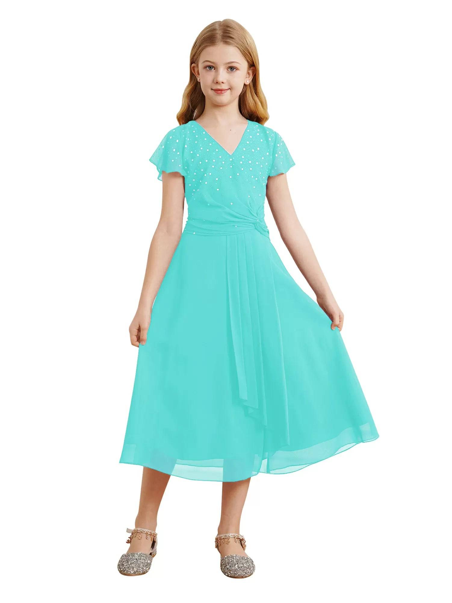 Kid Girl Sparkly Rhinestone Cap Sleeve Chiffon Junior Bridesmaid Dress