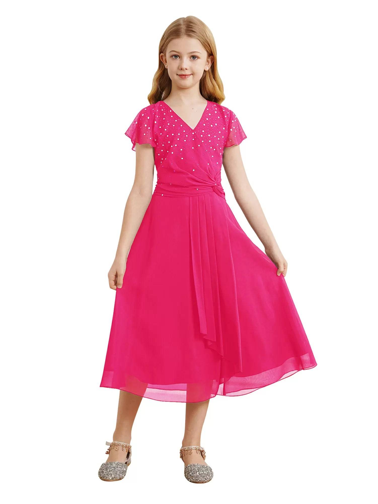 Kid Girl Sparkly Rhinestone Cap Sleeve Chiffon Junior Bridesmaid Dress