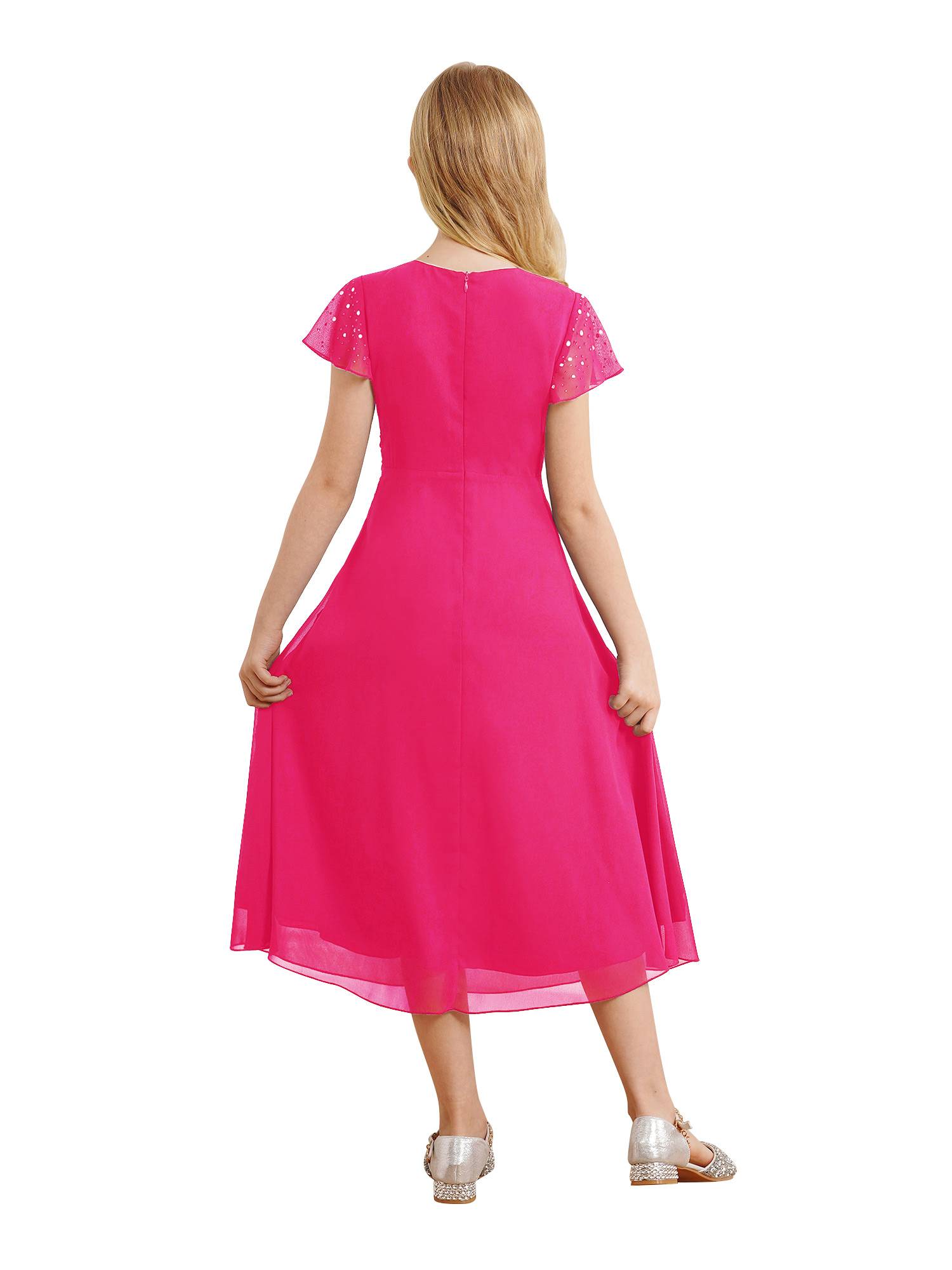 Kid Girl Sparkly Rhinestone Cap Sleeve Chiffon Junior Bridesmaid Dress