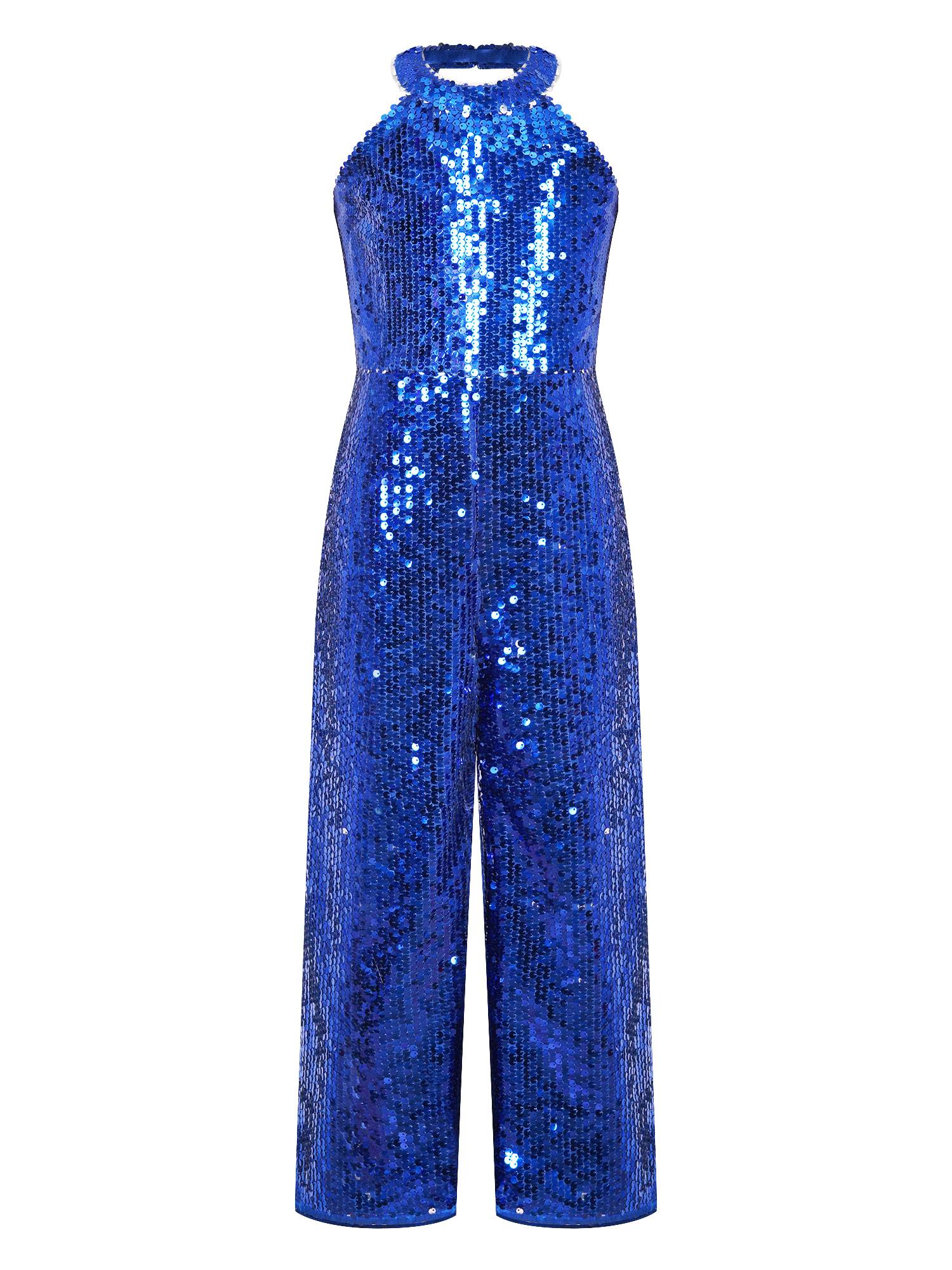 Kids Girls Sequin Halter Neck Strapy Back Sleeveless Jumpsuit