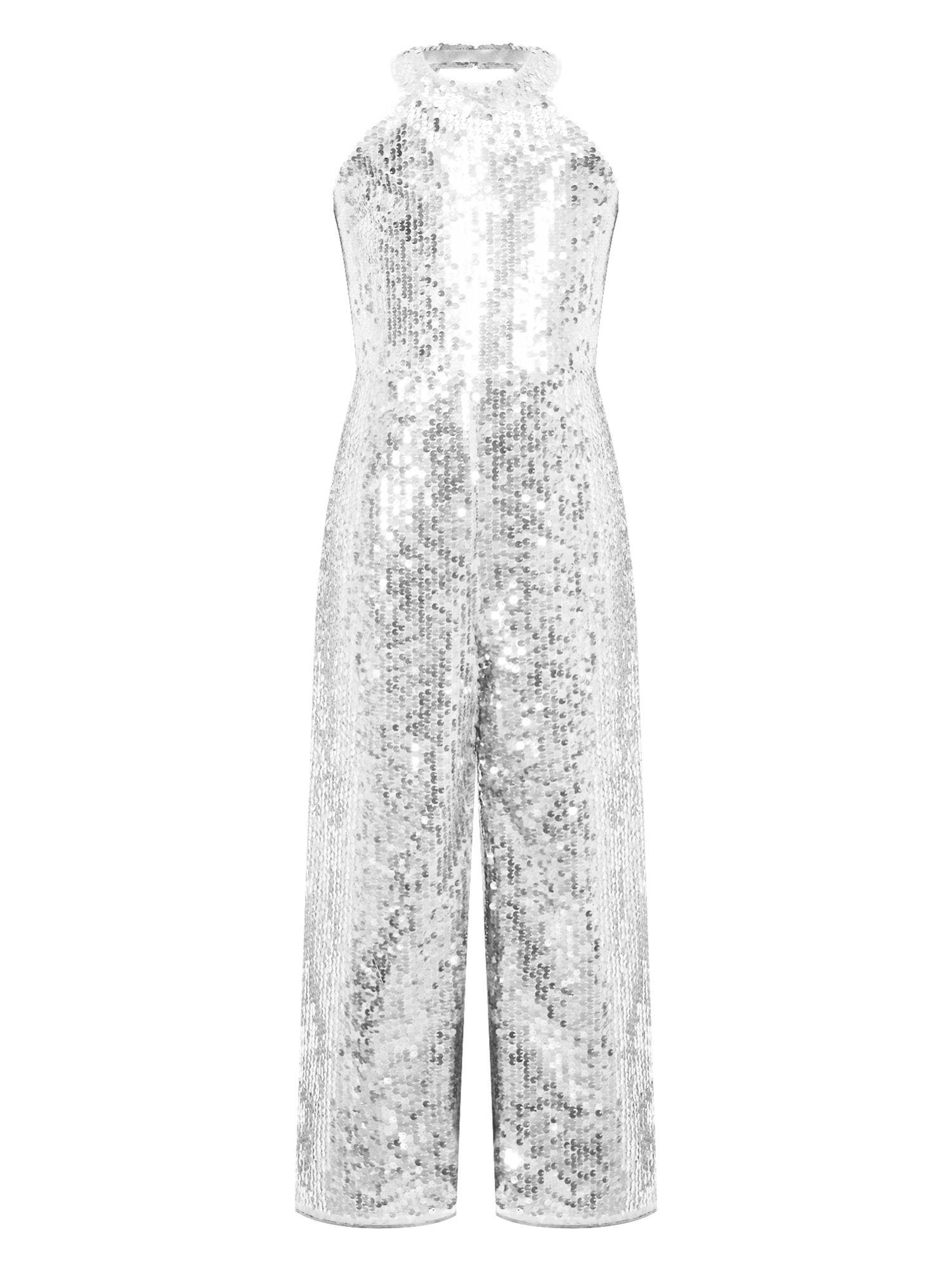 Kids Girls Sequin Halter Neck Strapy Back Sleeveless Jumpsuit