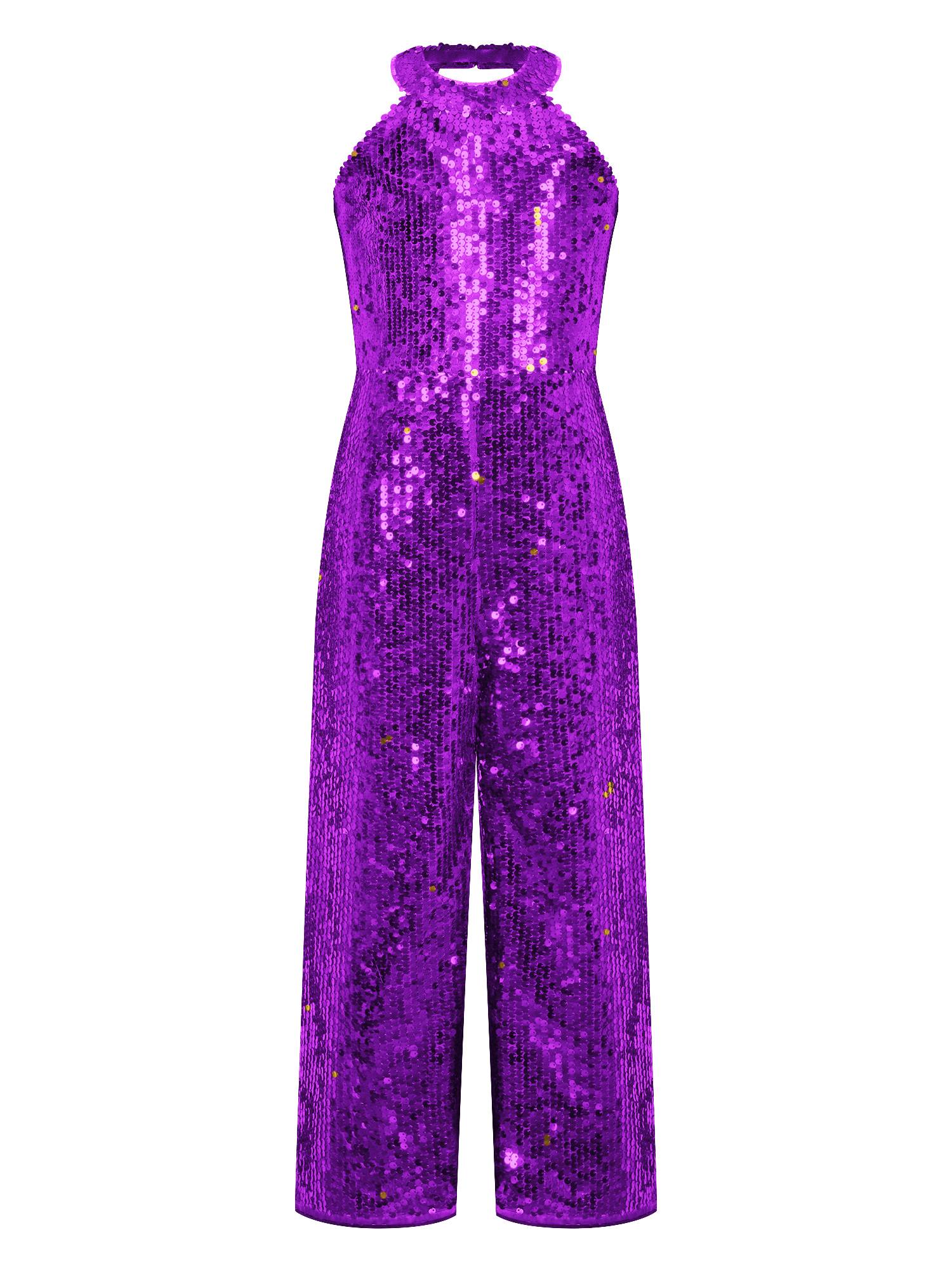 Kids Girls Sequin Halter Neck Strapy Back Sleeveless Jumpsuit