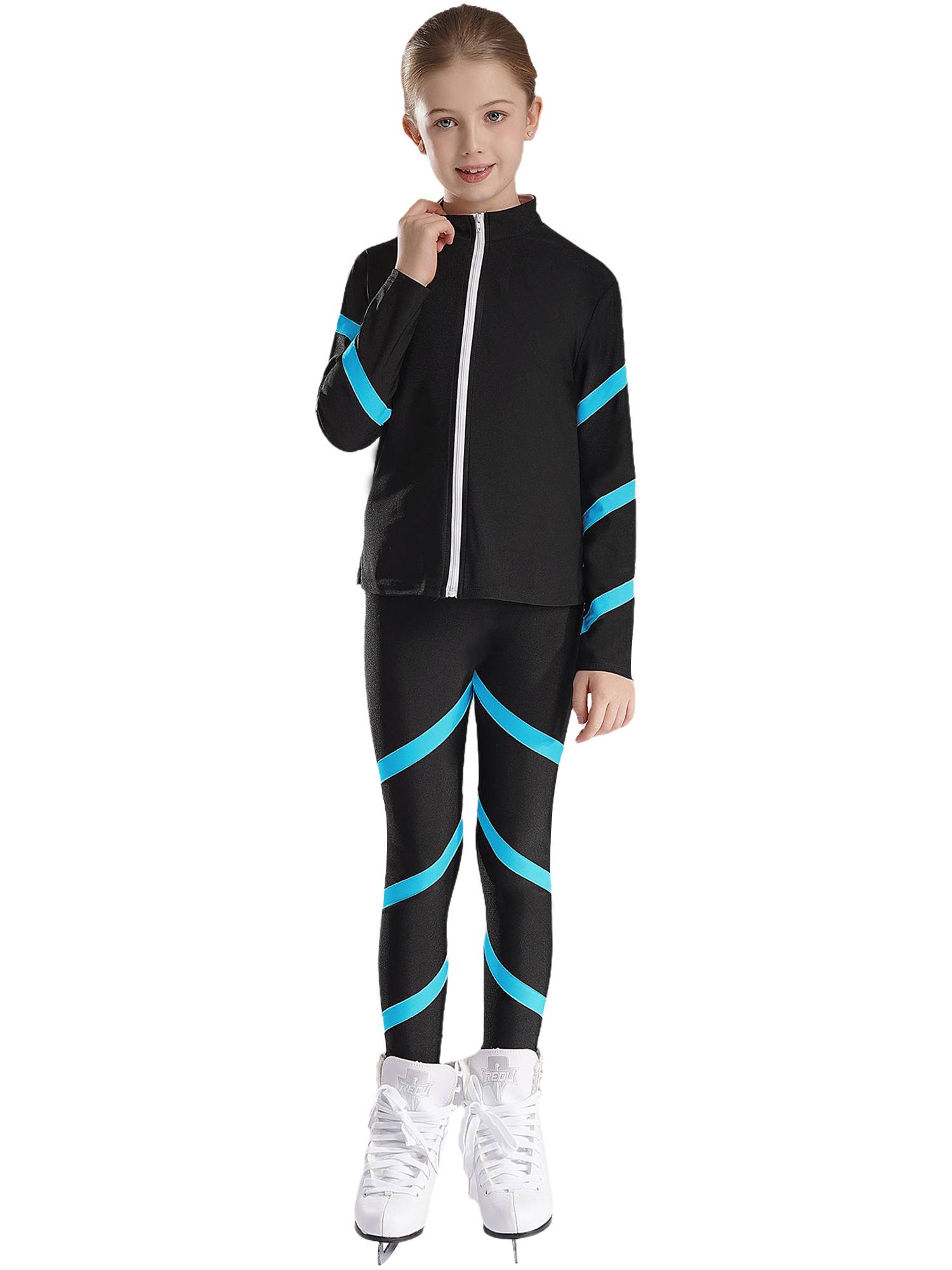 Kids Girls 2pcs Stripe Long Sleeve Zipper Sweatshirt and Leggings Sports Set