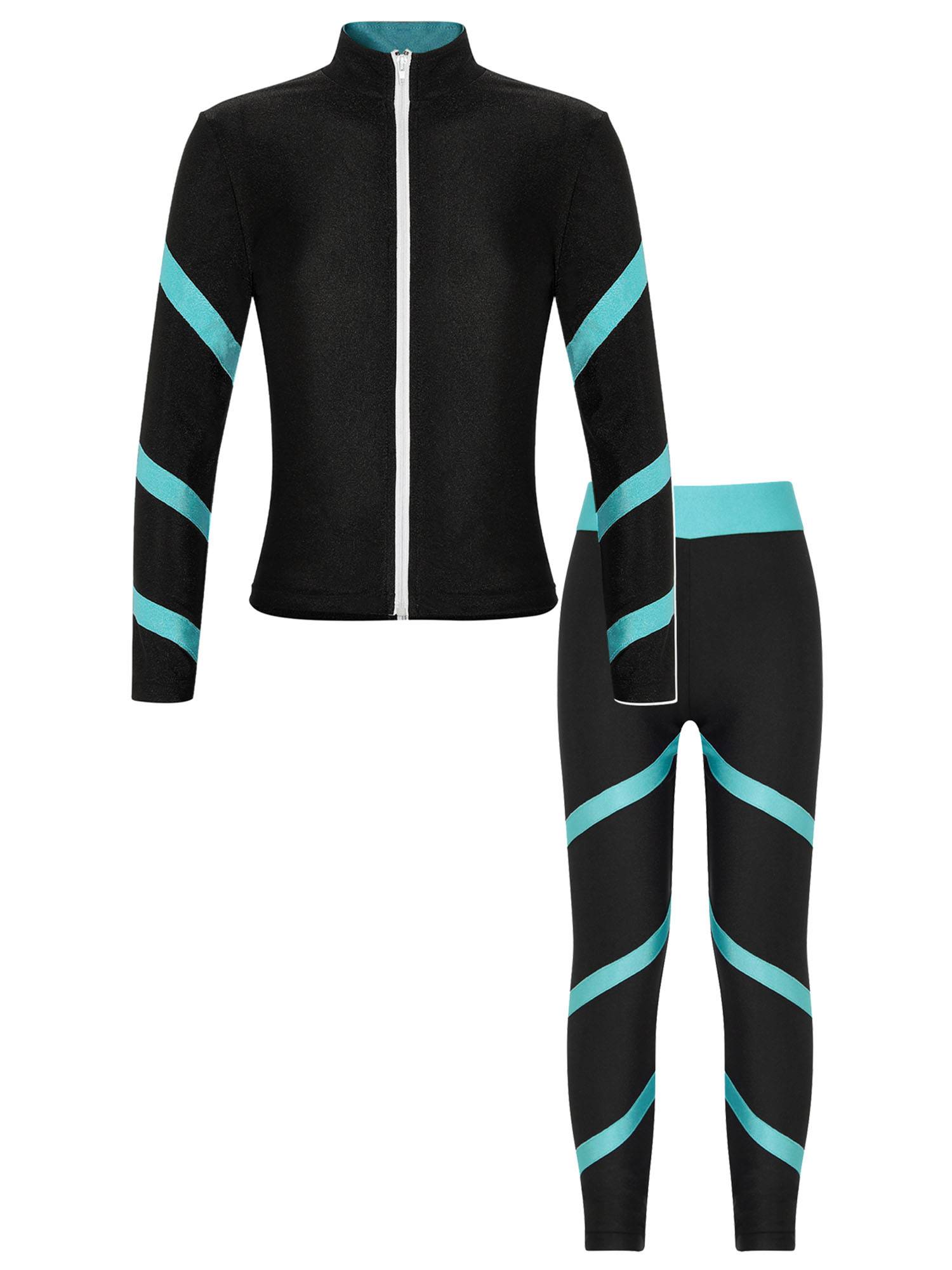 Kids Girls 2pcs Stripe Long Sleeve Zipper Sweatshirt and Leggings Sports Set