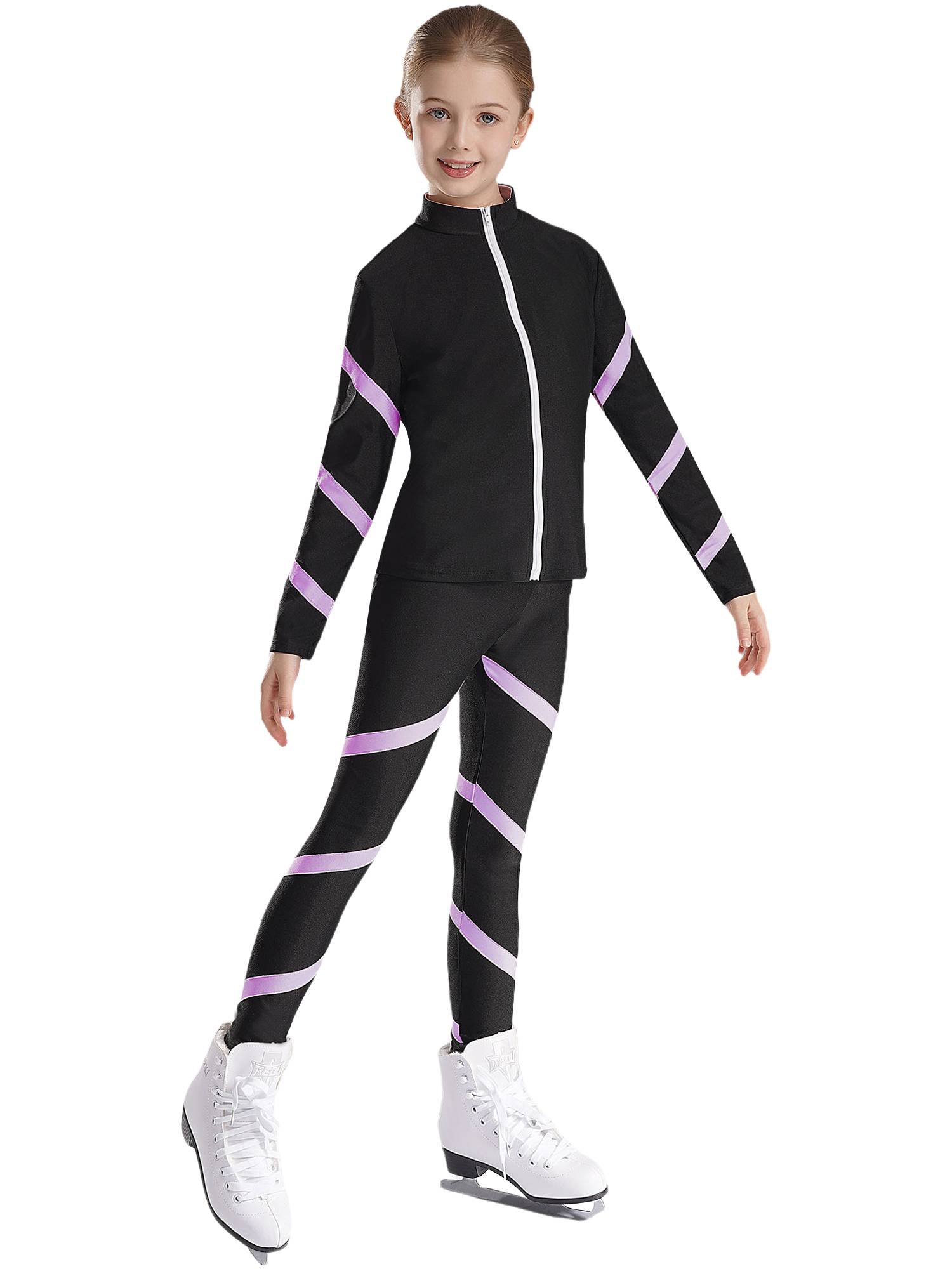 Kids Girls 2pcs Stripe Long Sleeve Zipper Sweatshirt and Leggings Sports Set