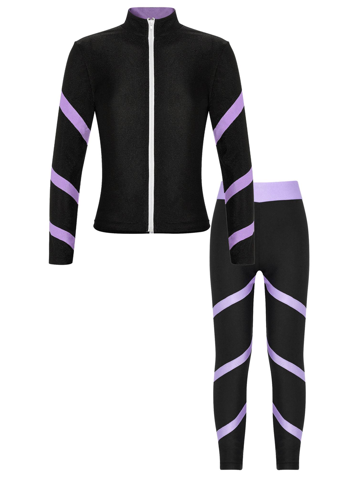 Kids Girls 2pcs Stripe Long Sleeve Zipper Sweatshirt and Leggings Sports Set
