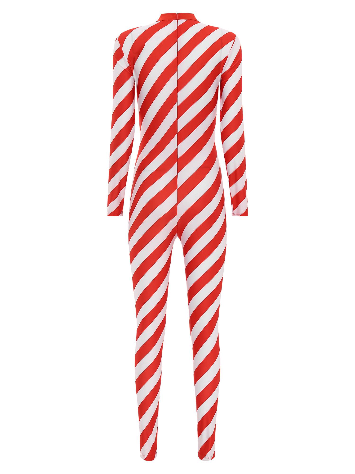 Women Christmas Long Sleeve Stripe Candy Cane Costume Jumpsuit