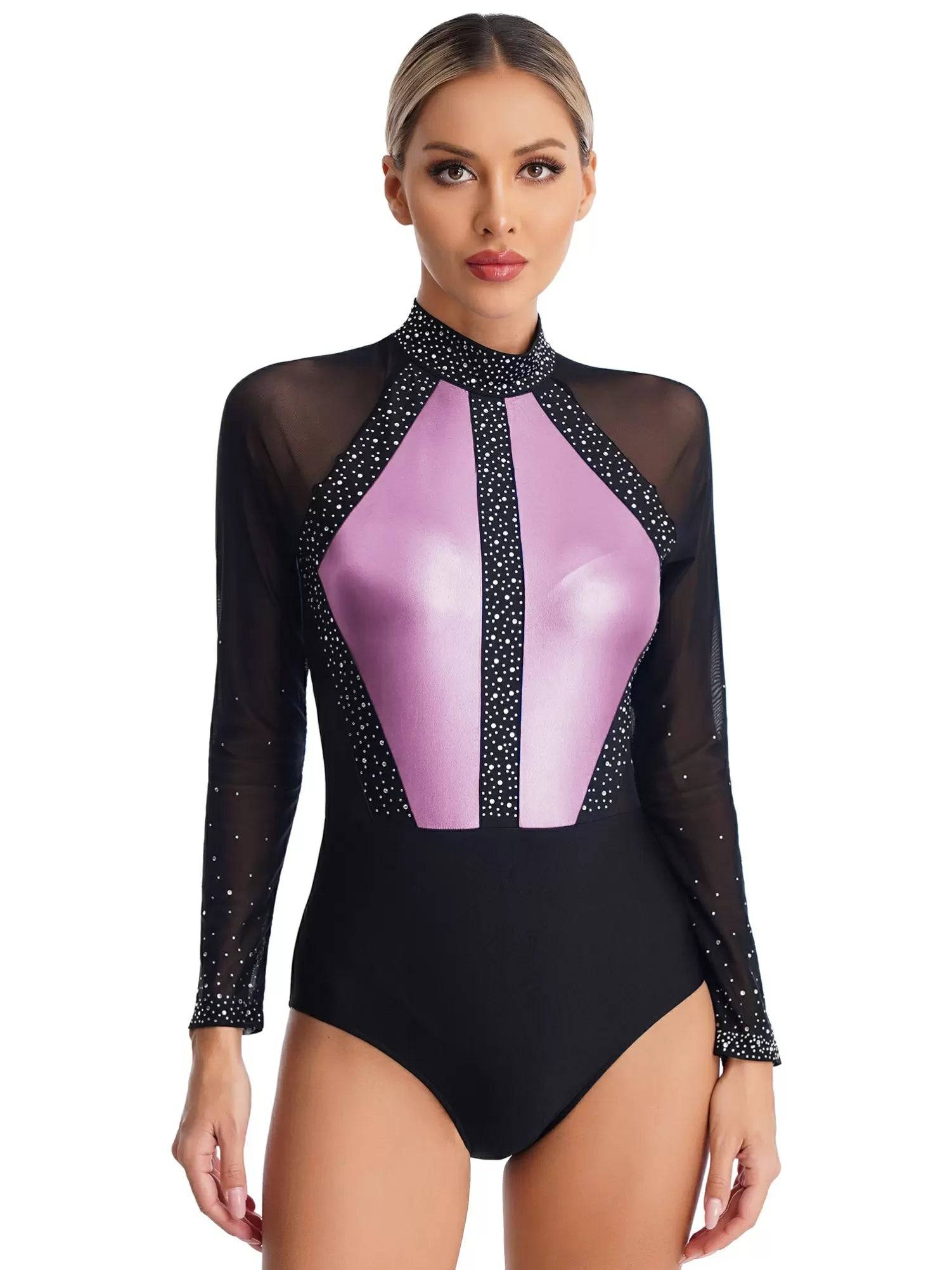 Women Sparkling Rhinestones Leotard Long Sleeve Gymnastics Bodysuit