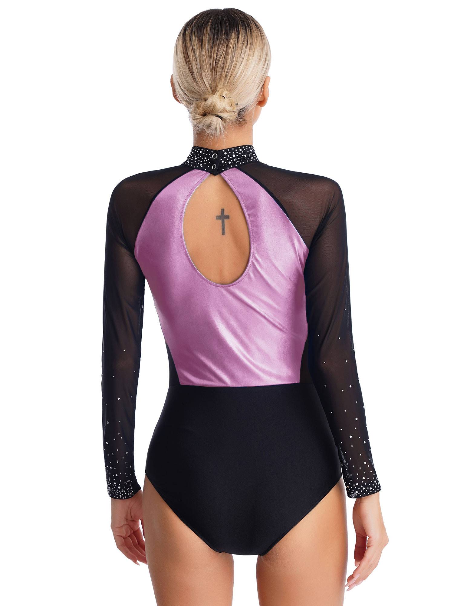 Women Sparkling Rhinestones Leotard Long Sleeve Gymnastics Bodysuit