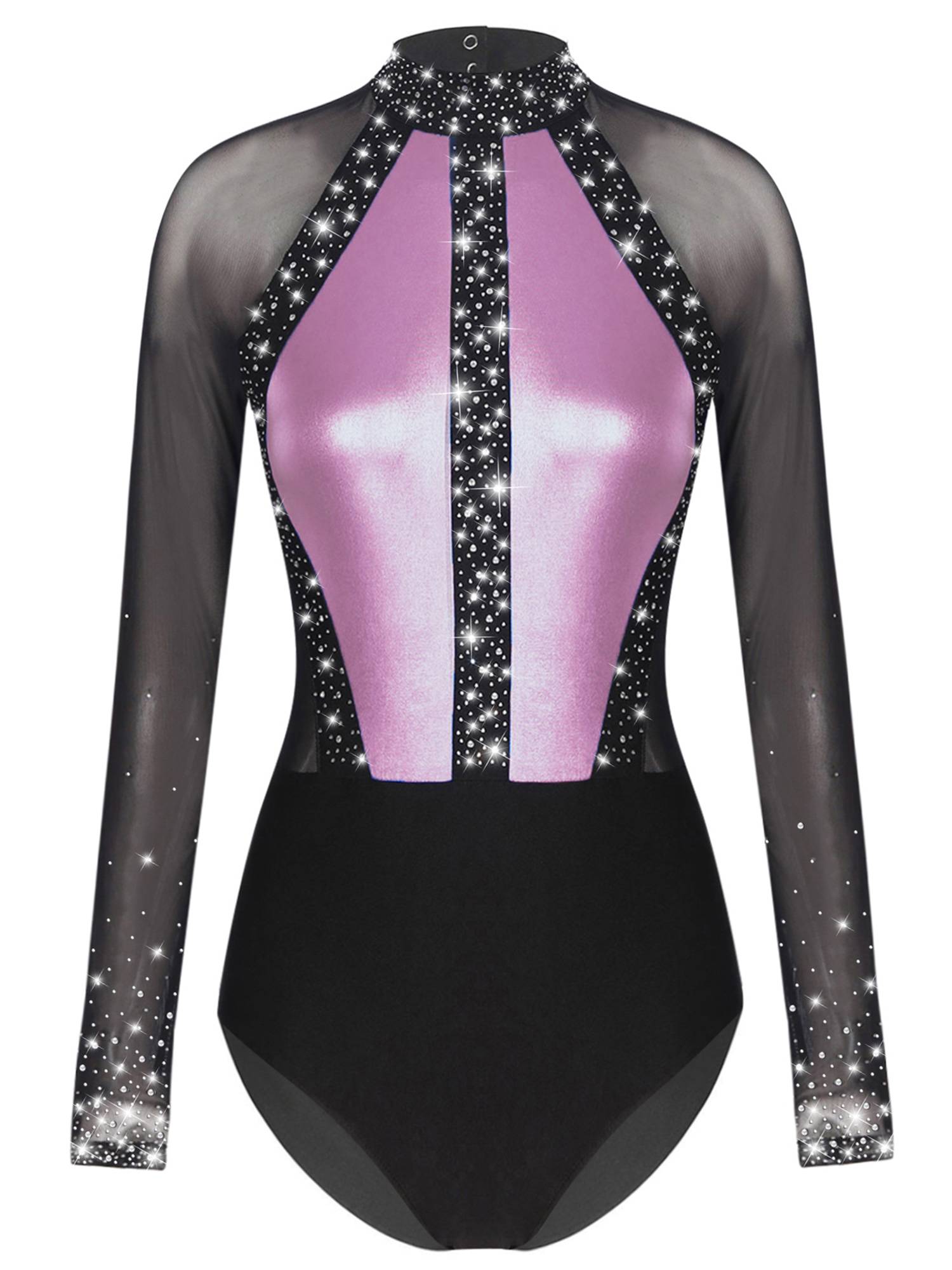 Women Sparkling Rhinestones Leotard Long Sleeve Gymnastics Bodysuit