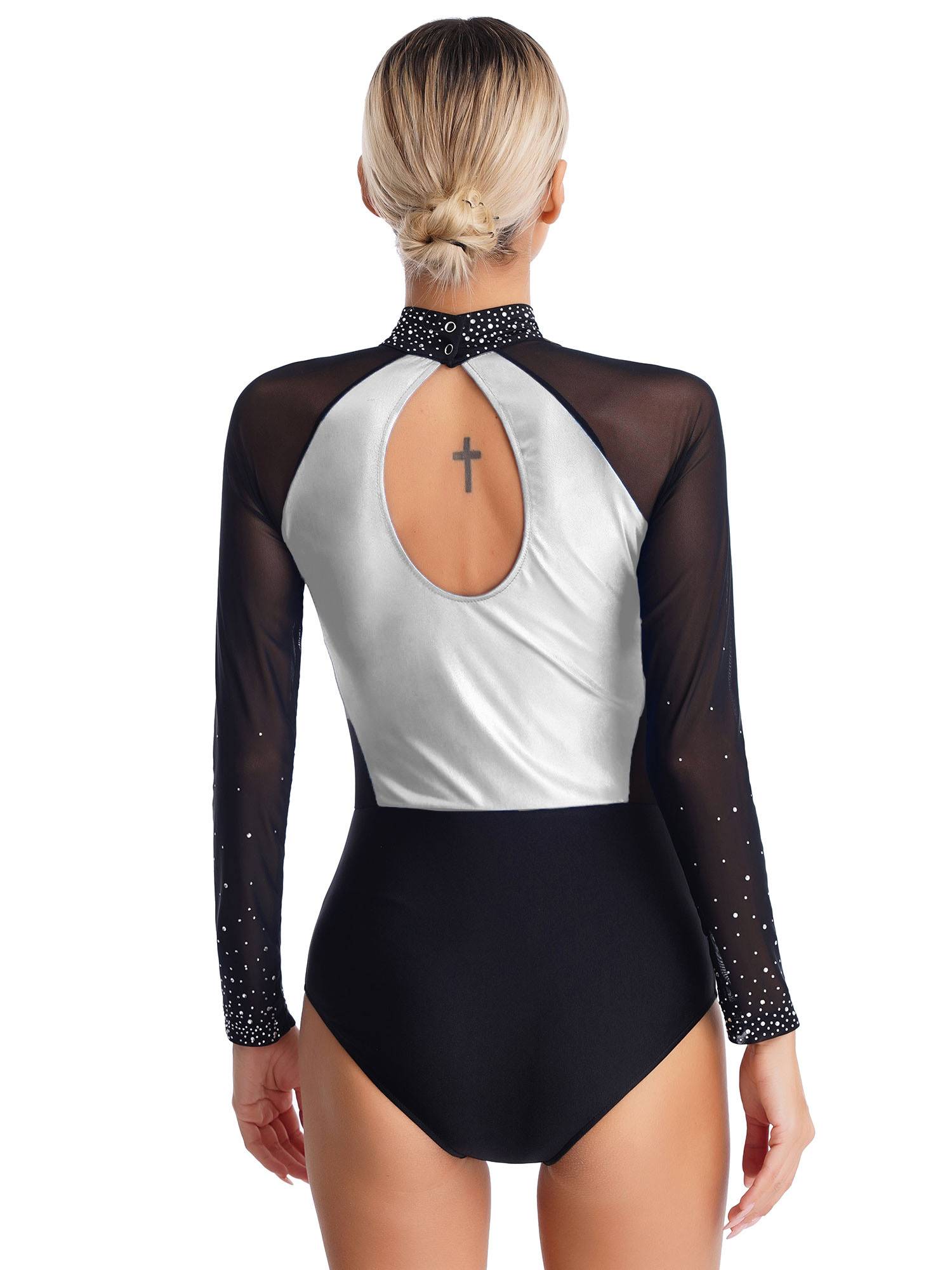 Women Sparkling Rhinestones Leotard Long Sleeve Gymnastics Bodysuit
