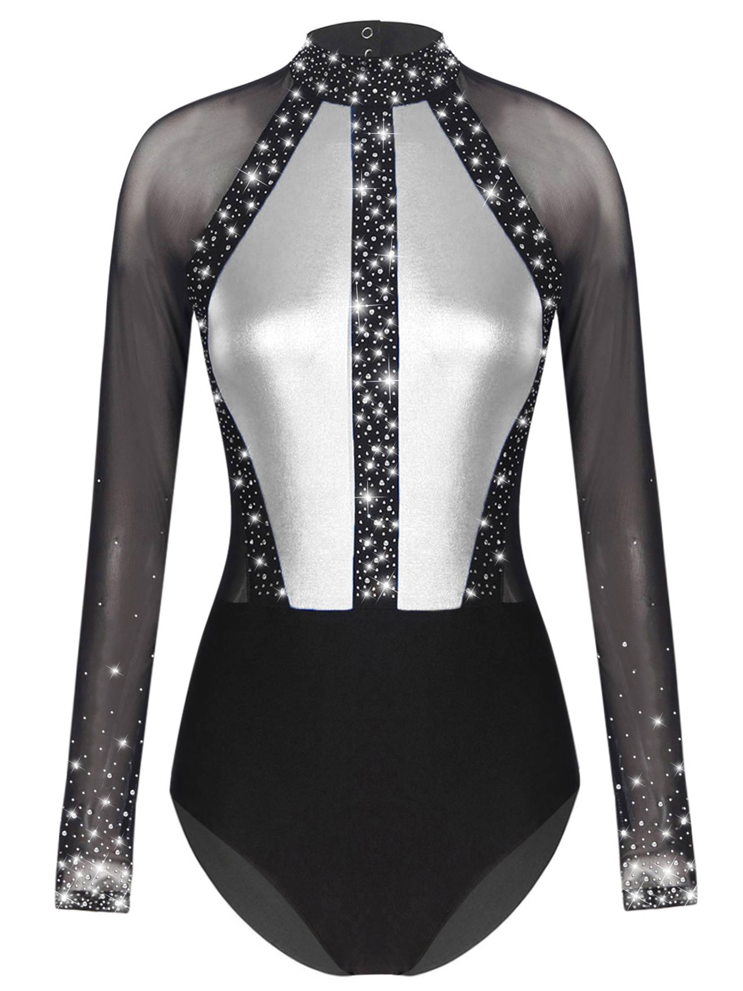 Women Sparkling Rhinestones Leotard Long Sleeve Gymnastics Bodysuit