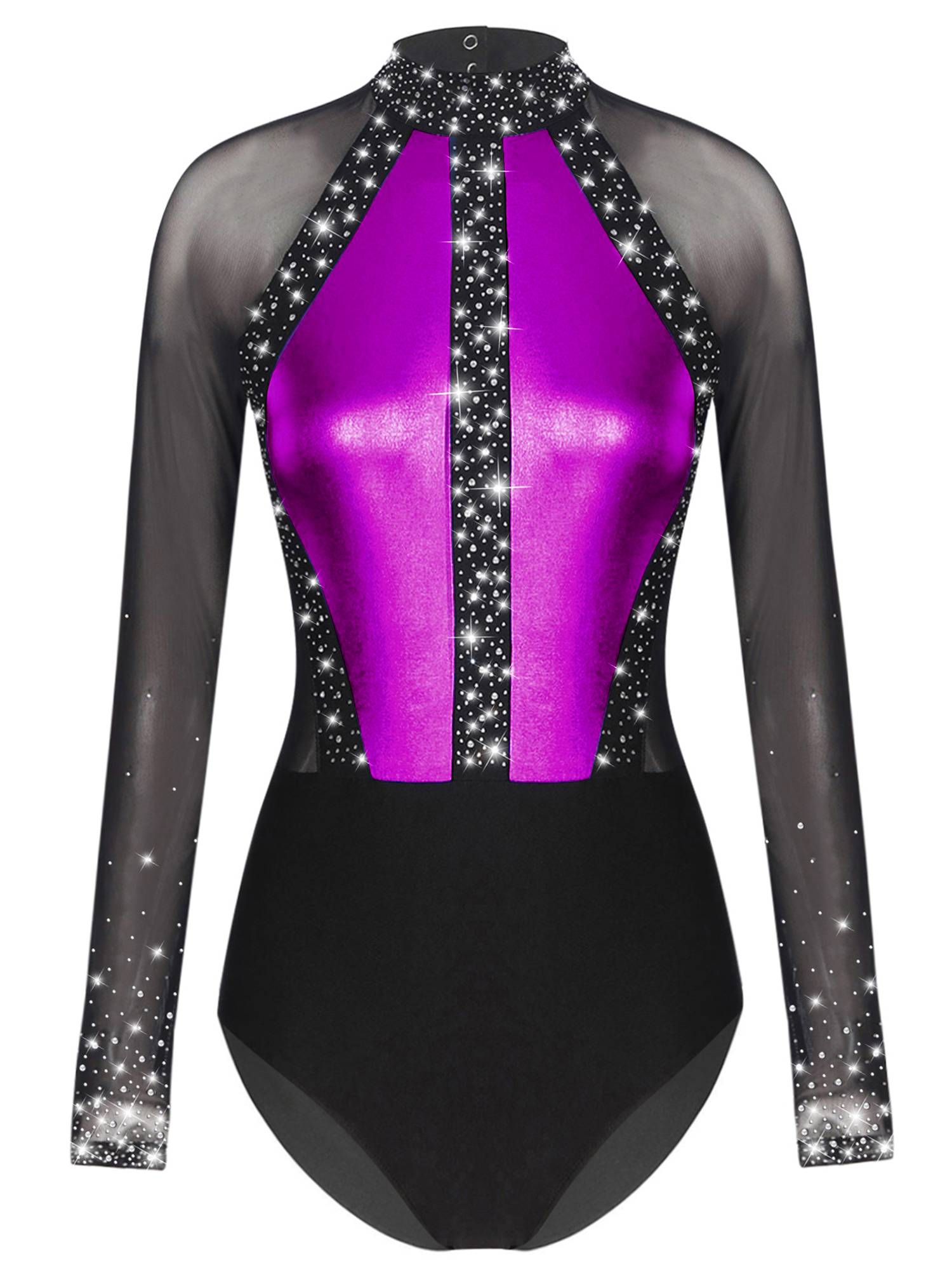 Women Sparkling Rhinestones Leotard Long Sleeve Gymnastics Bodysuit