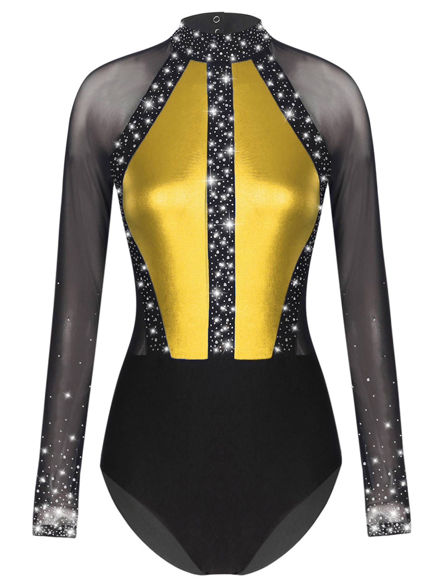 Women Sparkling Rhinestones Leotard Long Sleeve Gymnastics Bodysuit