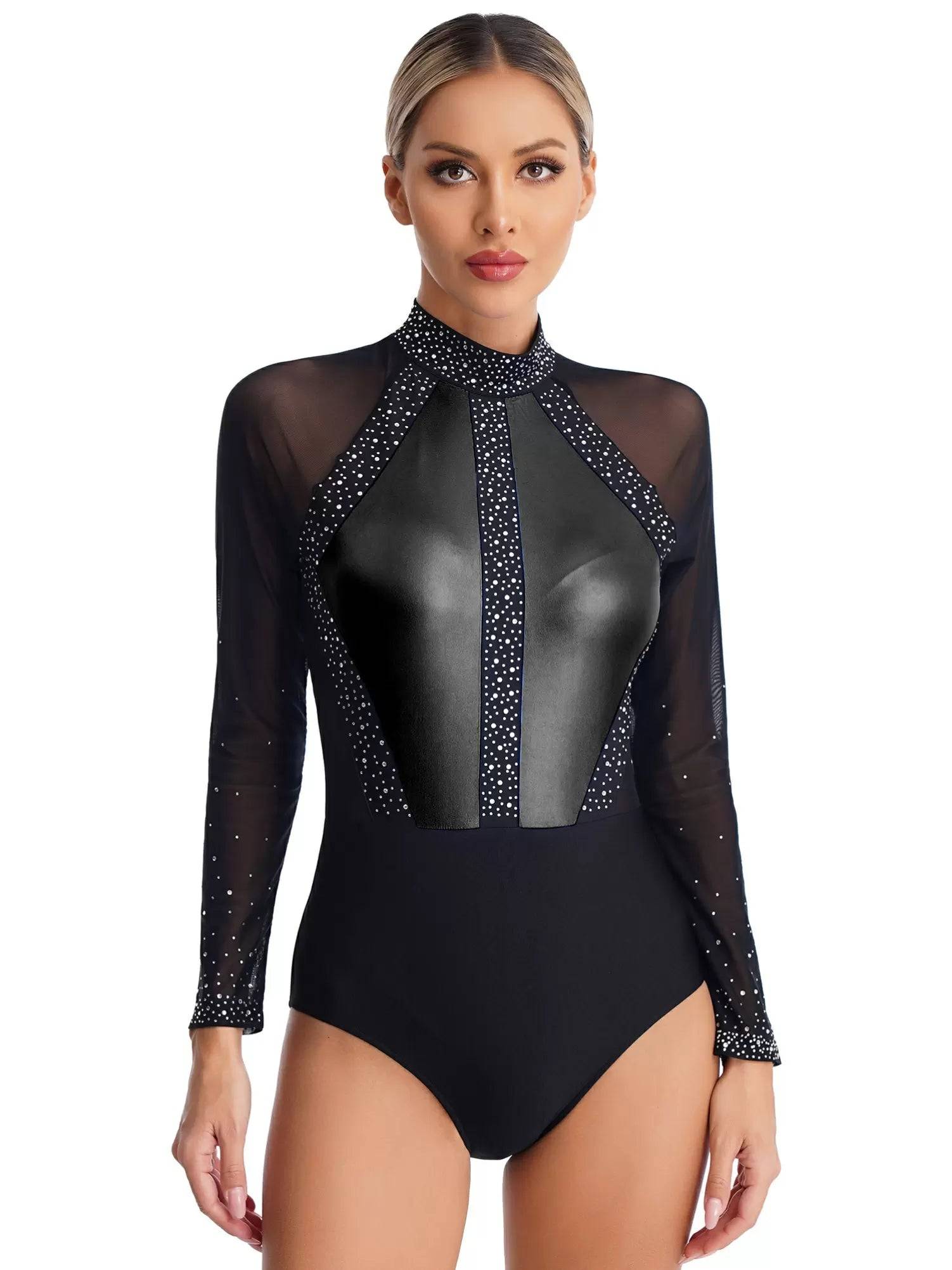 Women Sparkling Rhinestones Leotard Long Sleeve Gymnastics Bodysuit