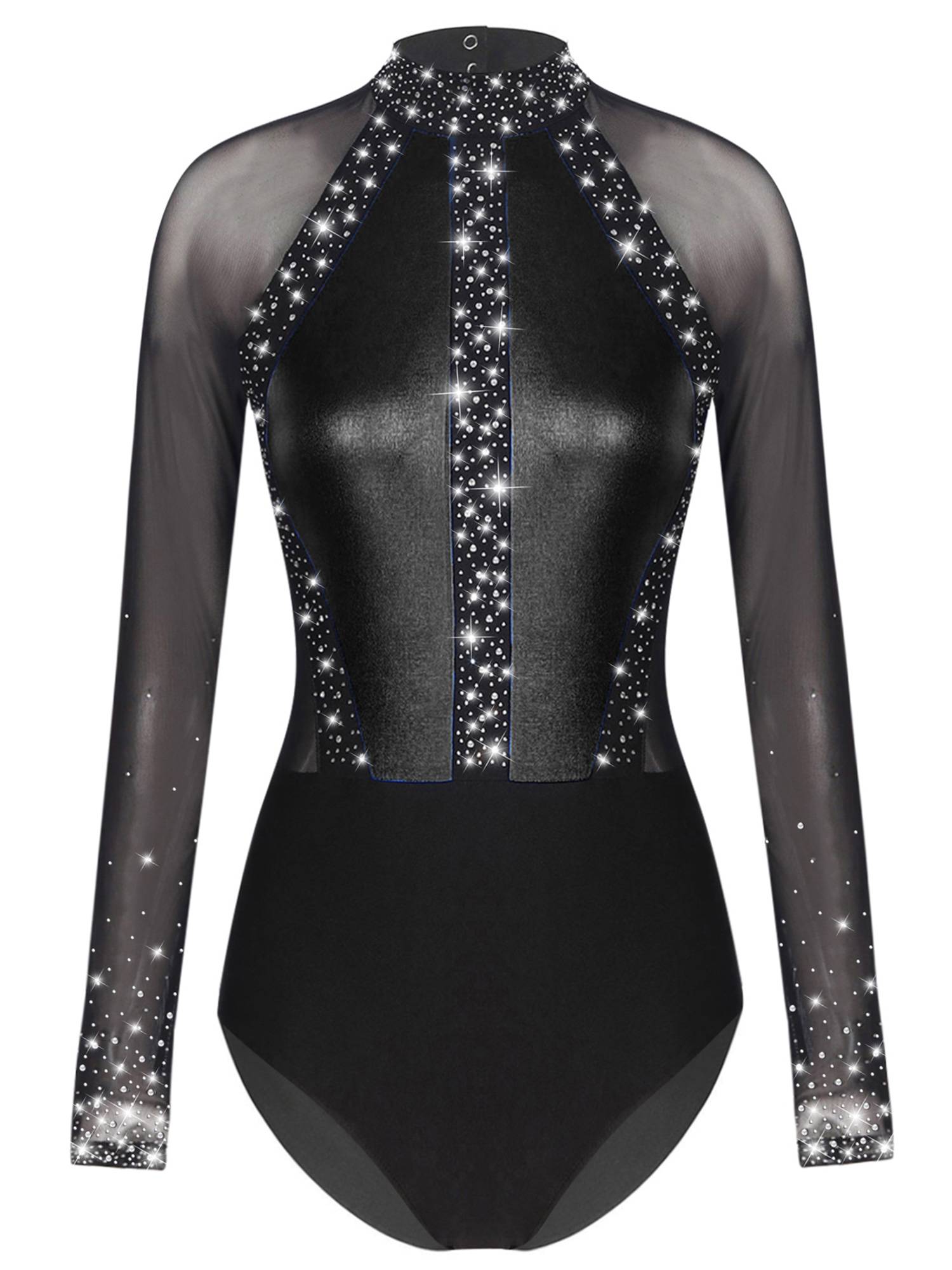 Women Sparkling Rhinestones Leotard Long Sleeve Gymnastics Bodysuit