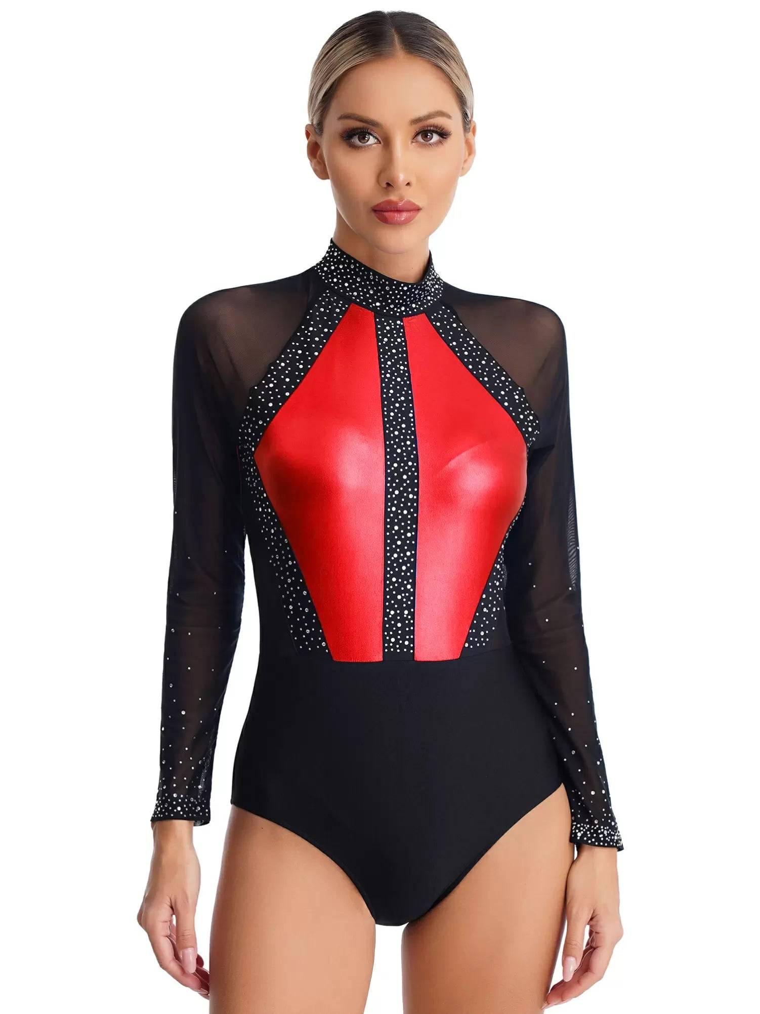 Women Sparkling Rhinestones Leotard Long Sleeve Gymnastics Bodysuit