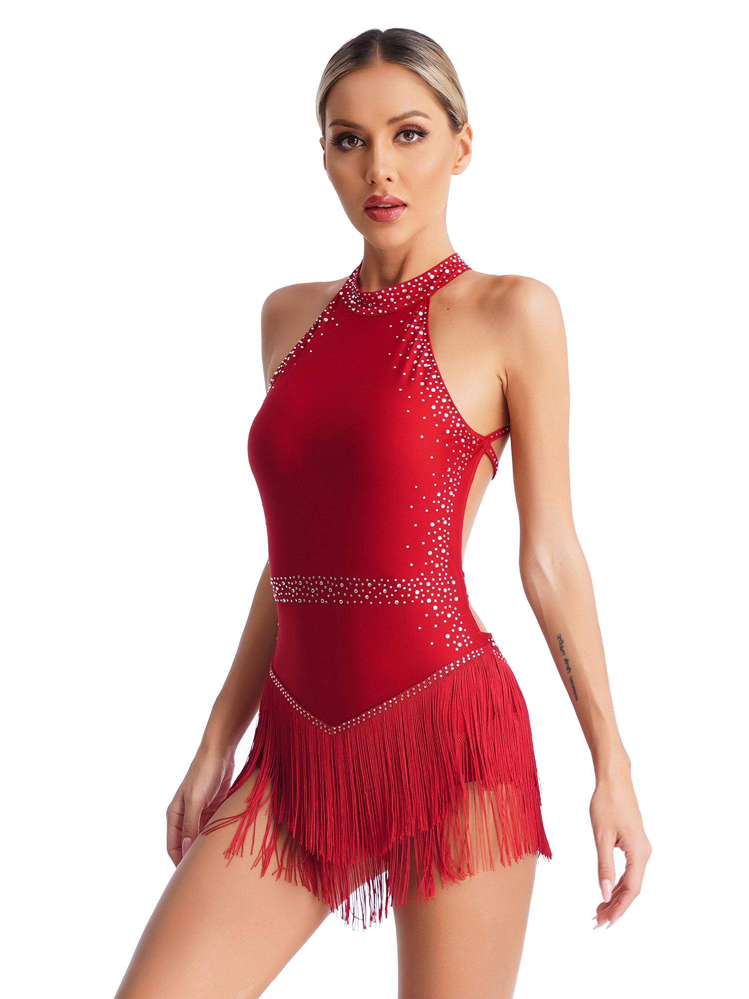 Women Shiny Rhinestones Sleeveless Tassel Latin Dance Leotard
