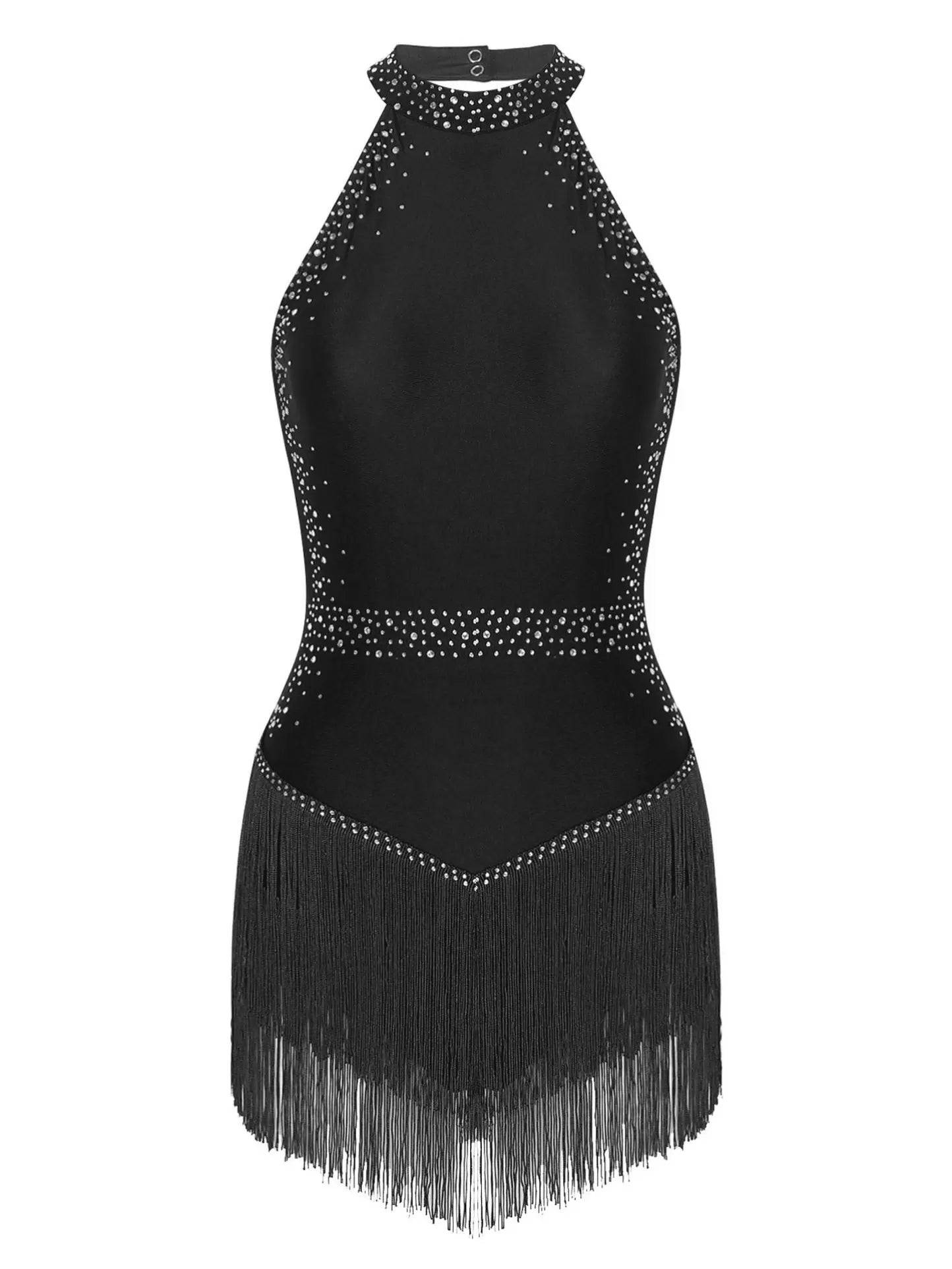 Women Shiny Rhinestones Sleeveless Tassel Latin Dance Leotard