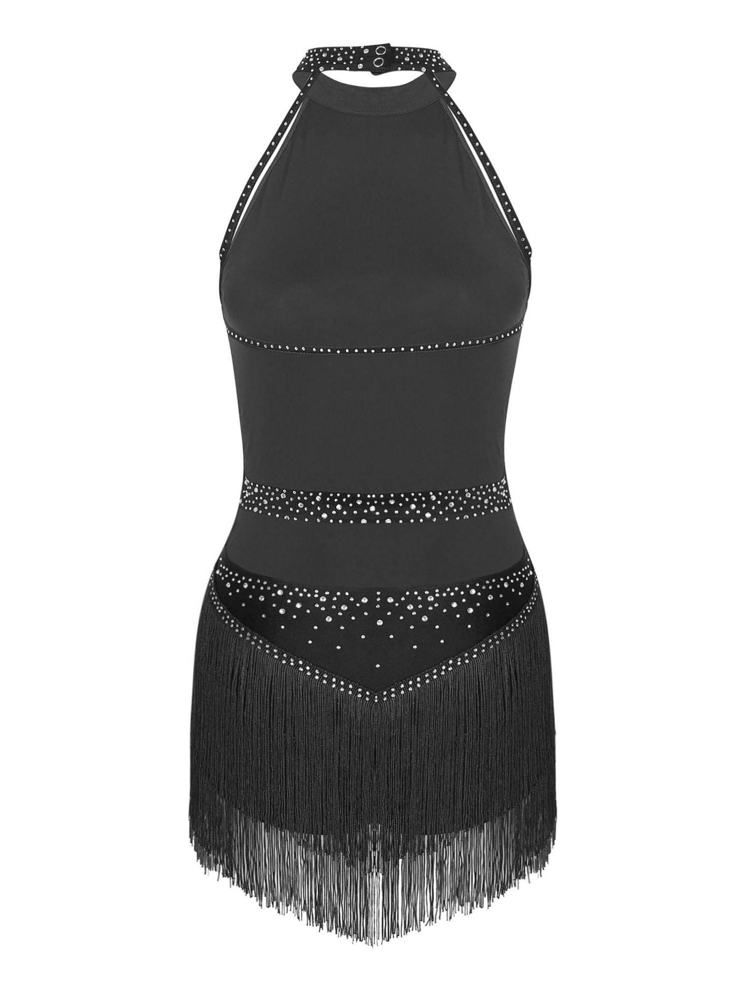 Women Shiny Rhinestones Sleeveless Tassel Latin Dance Leotard