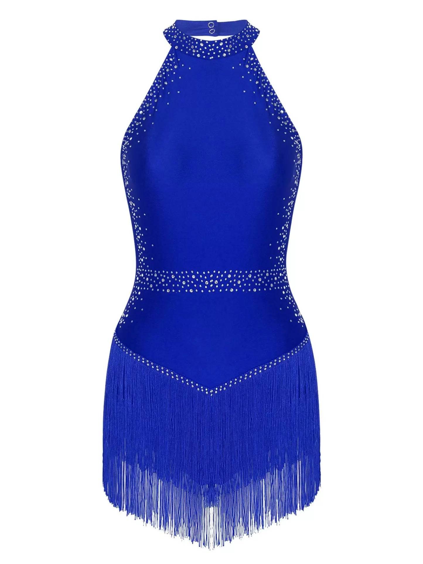 Women Shiny Rhinestones Sleeveless Tassel Latin Dance Leotard