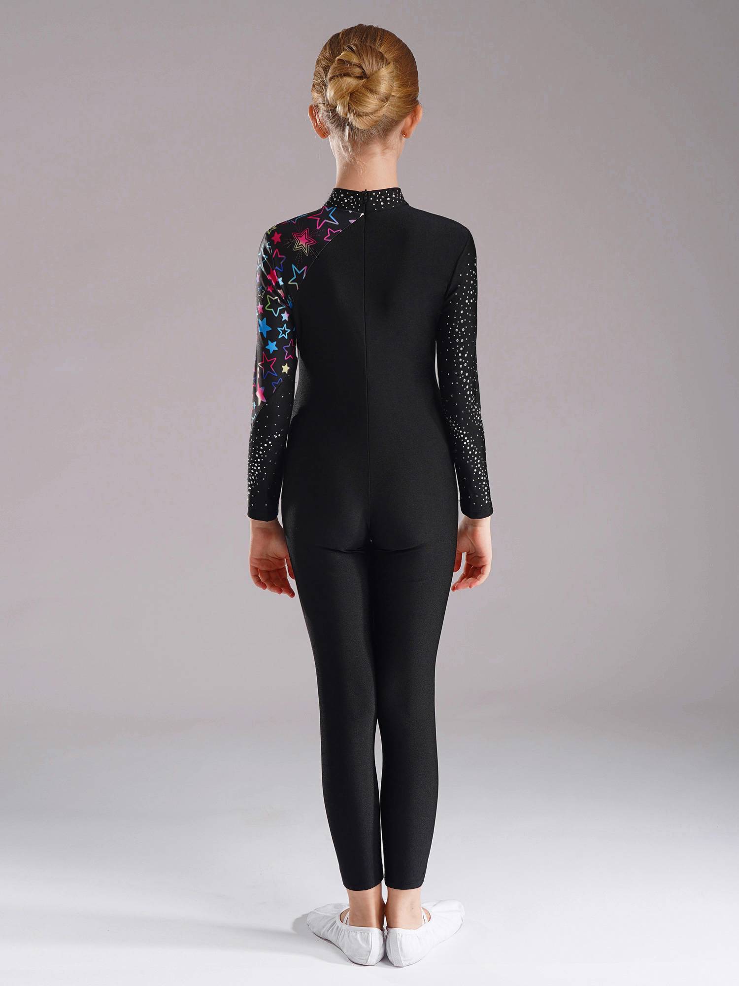 Kids Girls Long Sleeve Rhinestones Stars Print Unitard for Gymnastics