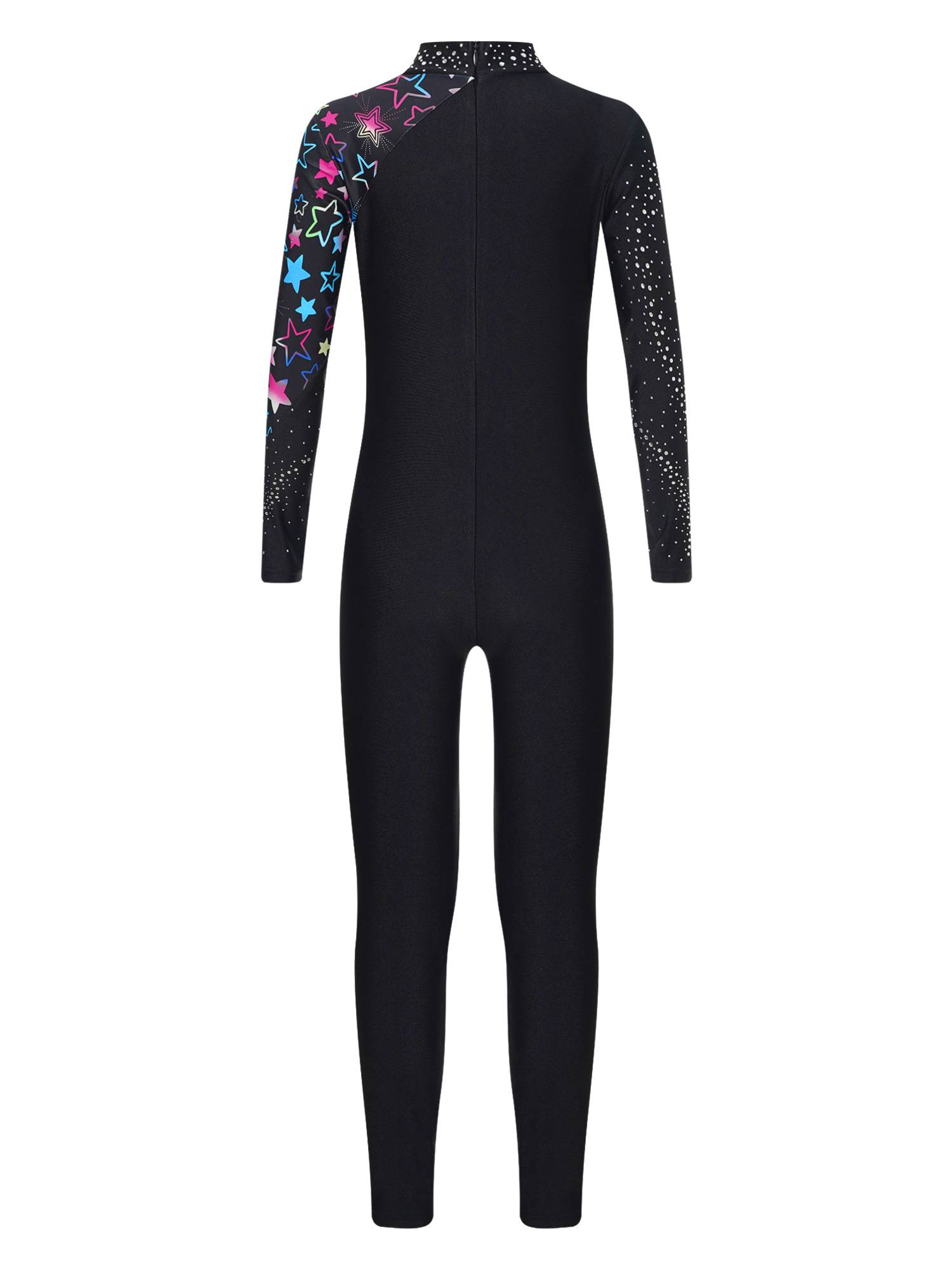Kids Girls Long Sleeve Rhinestones Stars Print Unitard for Gymnastics
