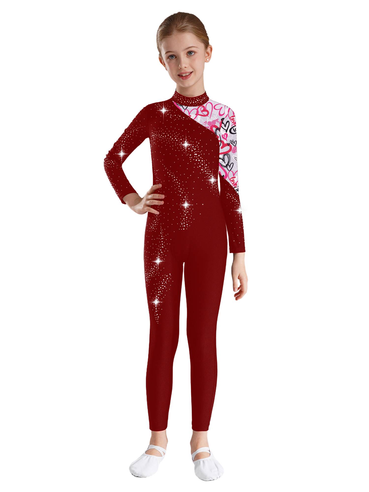 Kids Girls Long Sleeve Rhinestones Stars Print Unitard for Gymnastics