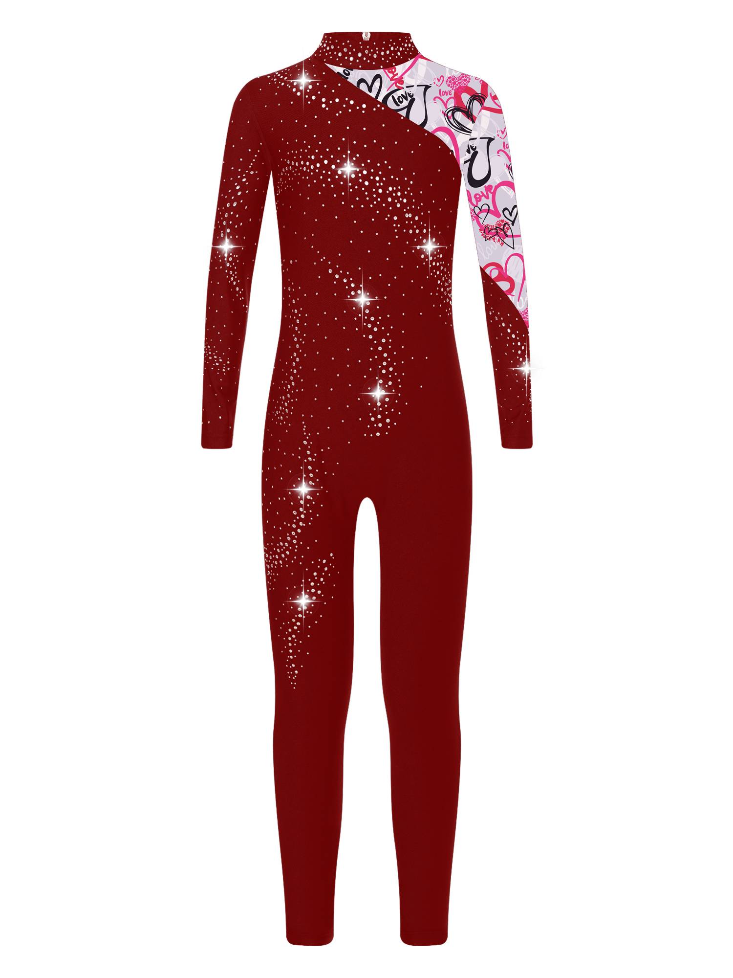 Kids Girls Long Sleeve Rhinestones Stars Print Unitard for Gymnastics