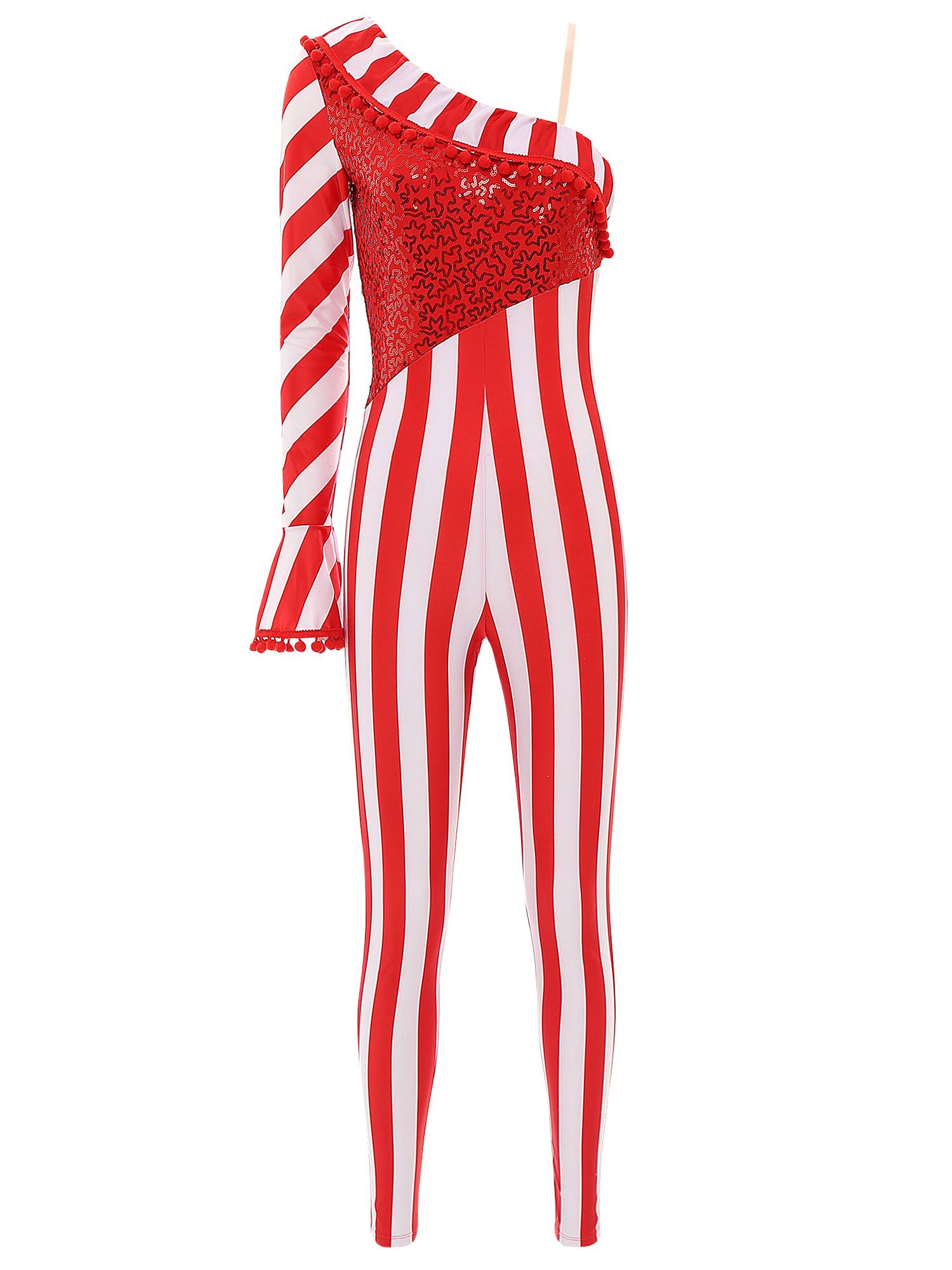 Women One Shoulder Sequin Pompom Stripes Christmas Candy Cane Jumpsuit