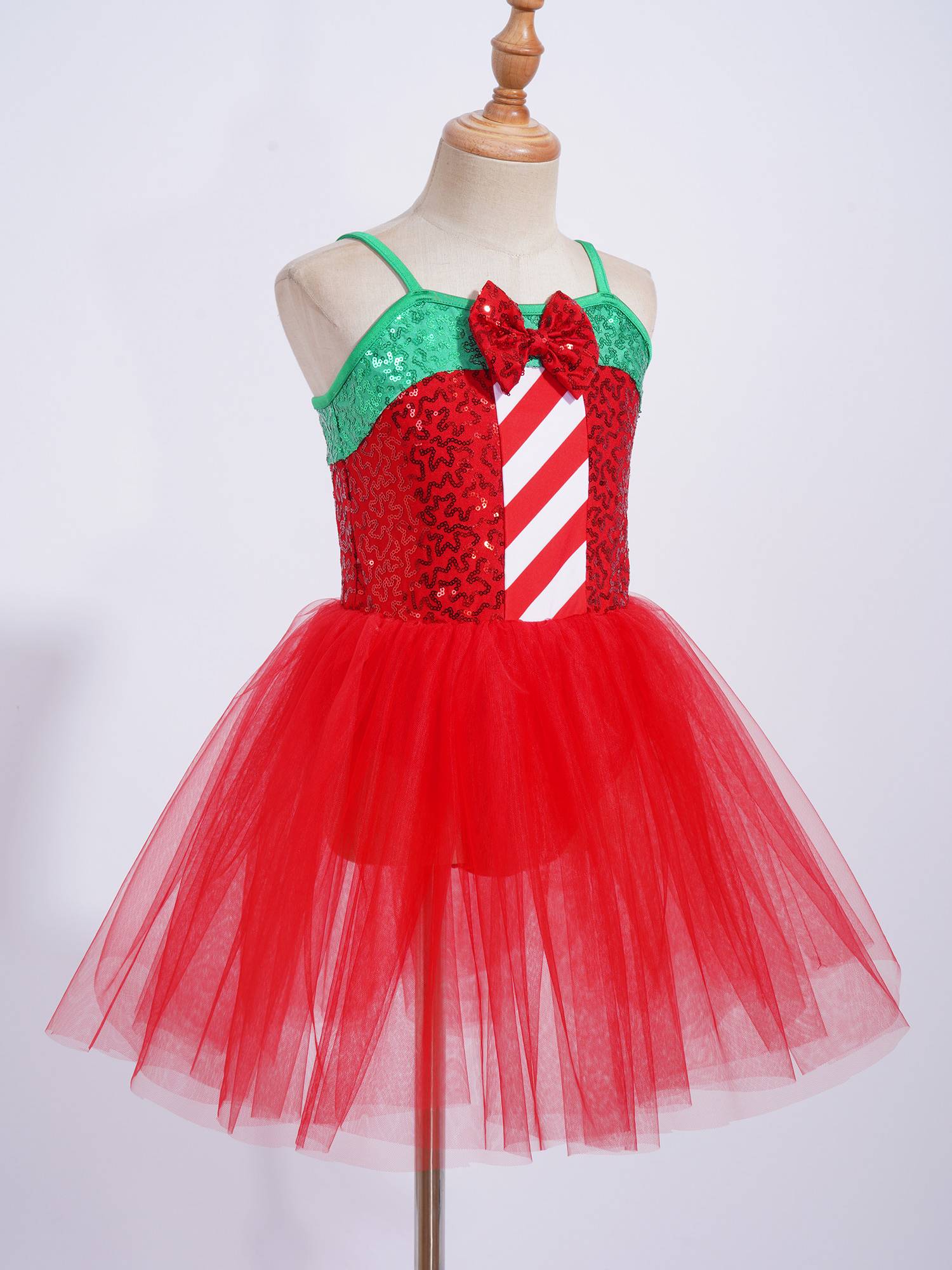 Kids Girls Christmas Sleeveless Sequins Bow Stripes Mesh Tutu Dress