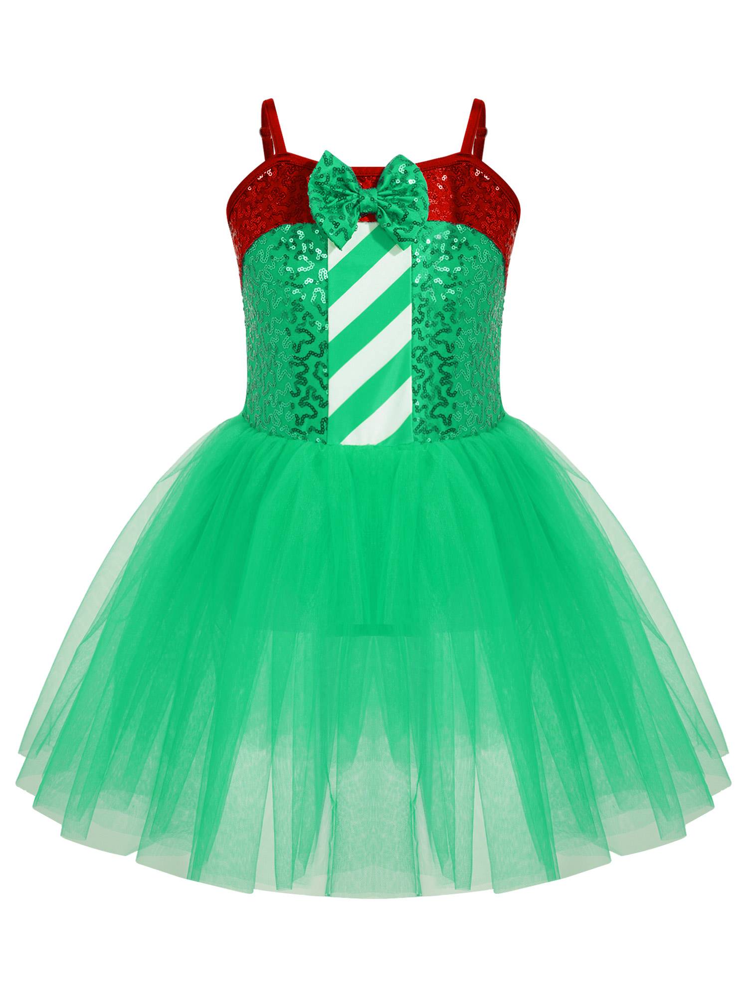 Kids Girls Christmas Sleeveless Sequins Bow Stripes Mesh Tutu Dress