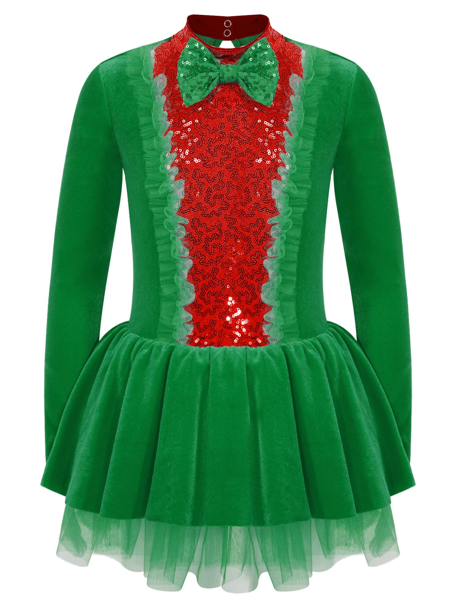 Kids Girls Christmas Long Sleeve Bow Sequins Tutu Dress