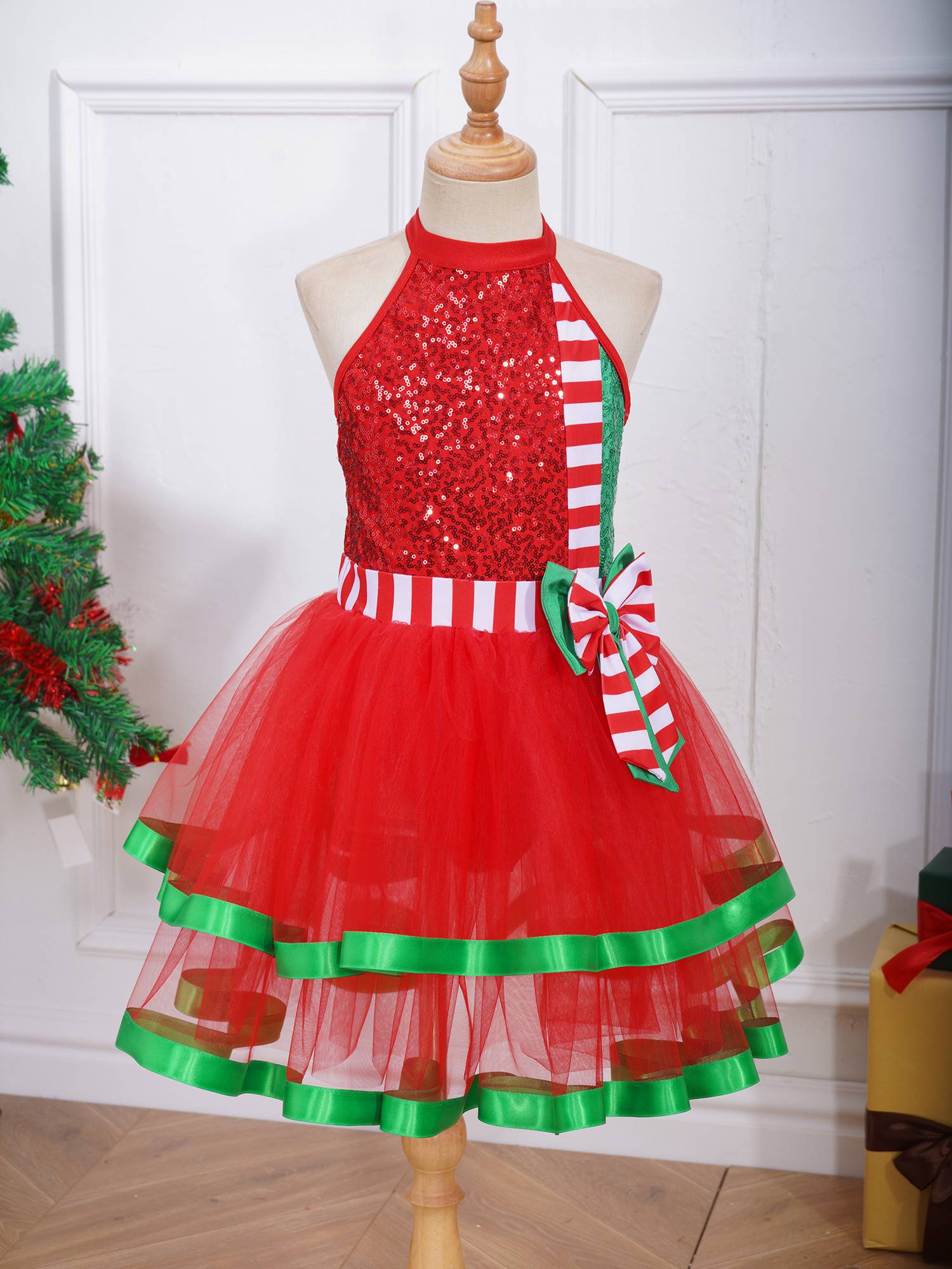 Kids Girls Christmas Sleeveless Halter Neck Sequins Stripes Ball Gown Tutu Dress