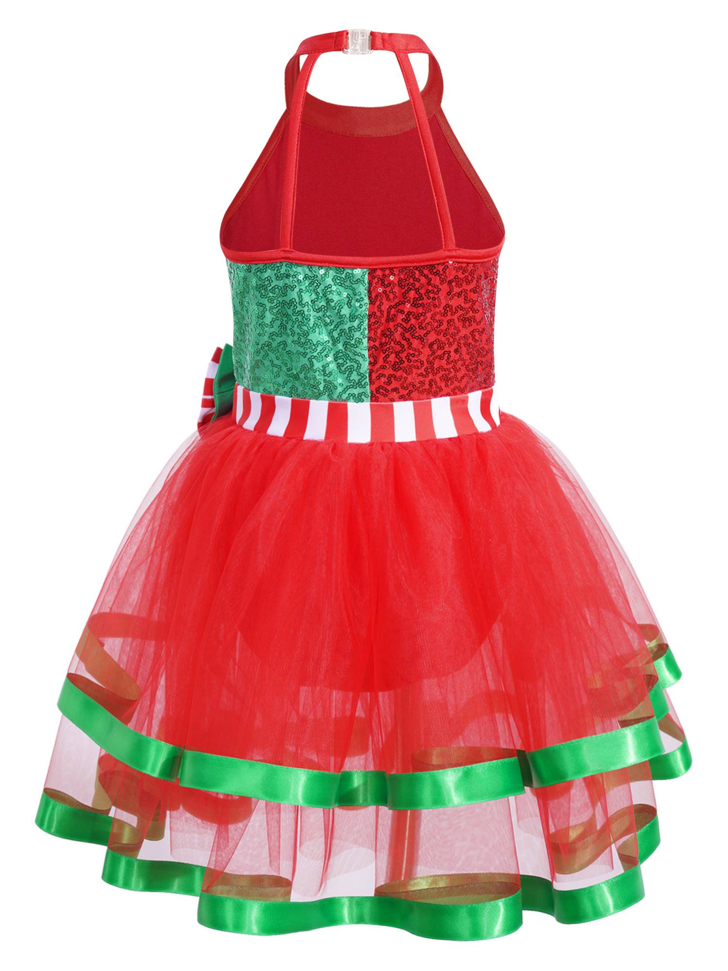 Kids Girls Christmas Sleeveless Halter Neck Sequins Stripes Ball Gown Tutu Dress